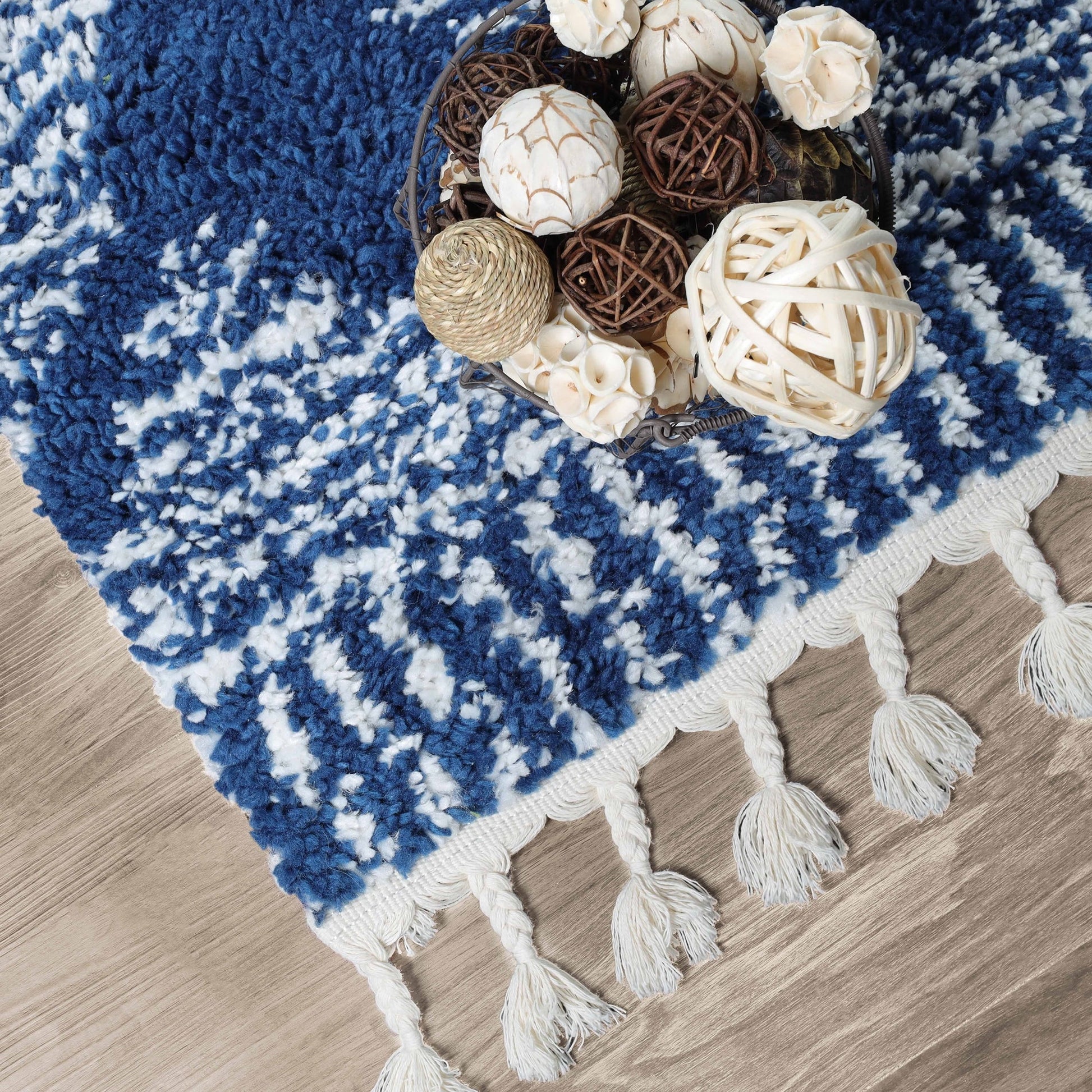 Superior Bohemian Geometric Indoor Plush Shag Area Rug with Tassels - Cream-Blue