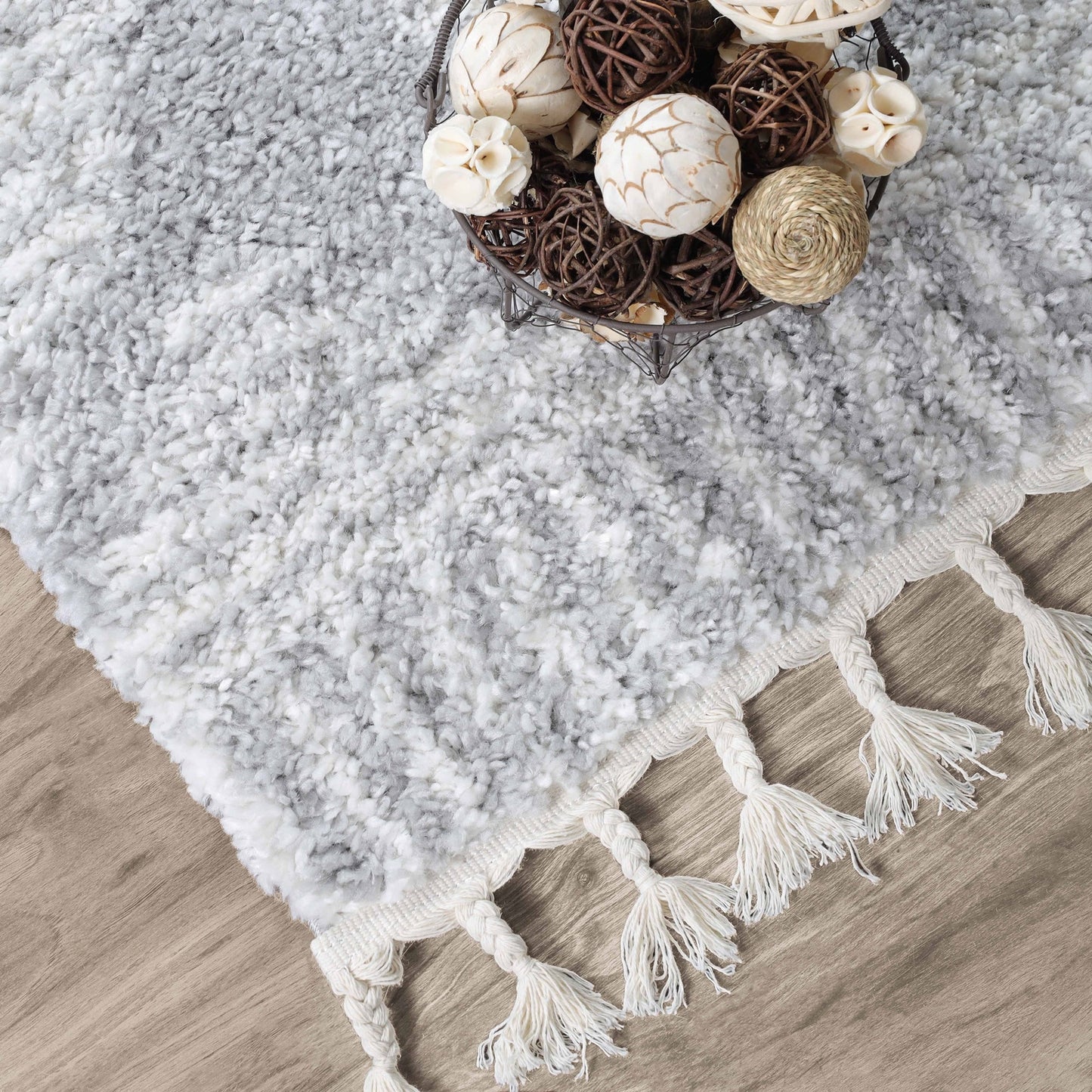 Superior Bohemian Geometric Indoor Plush Shag Area Rug with Tassels - Cream-Grey