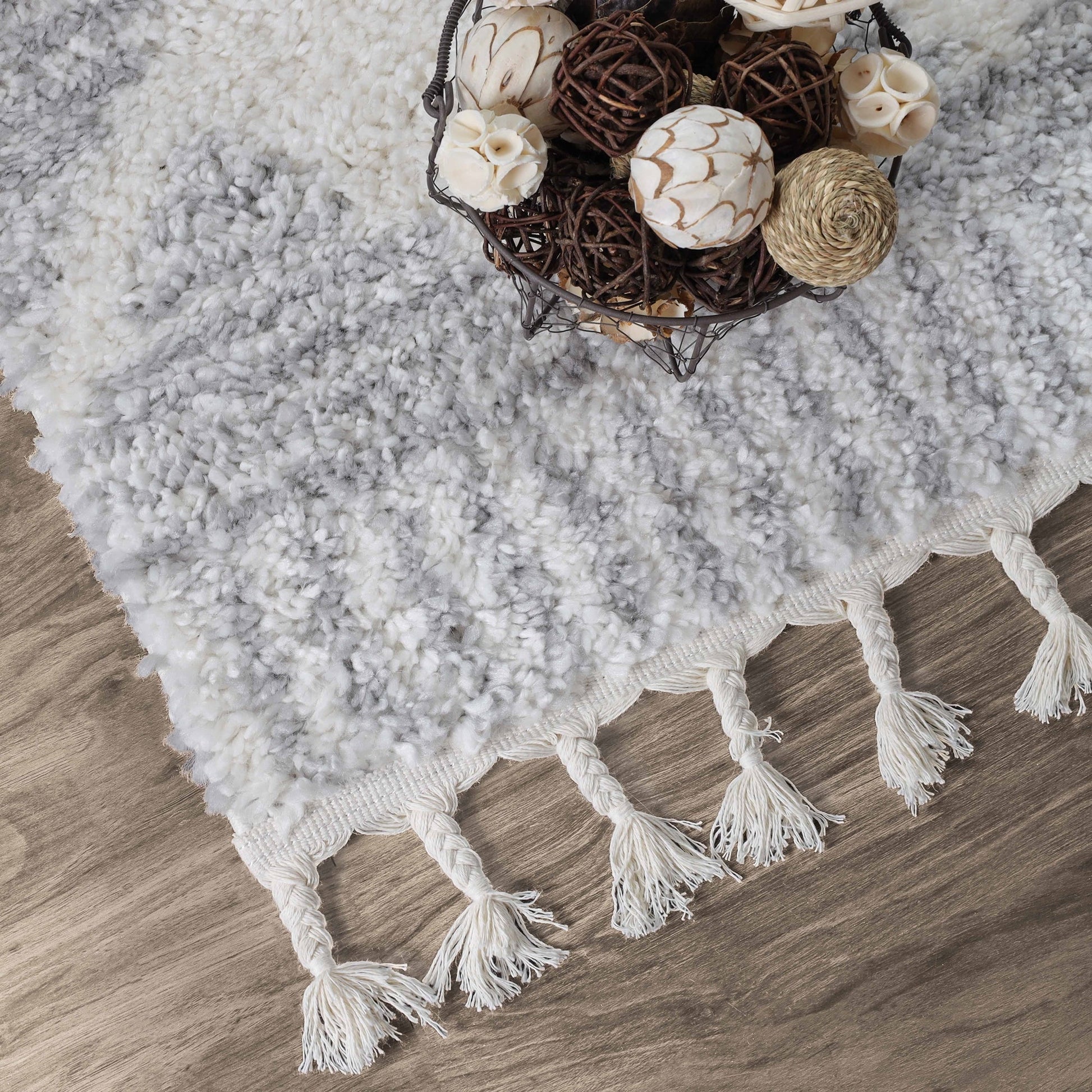 Superior Bohemian Geometric Indoor Plush Shag Area Rug with Tassels - Grey-Cream