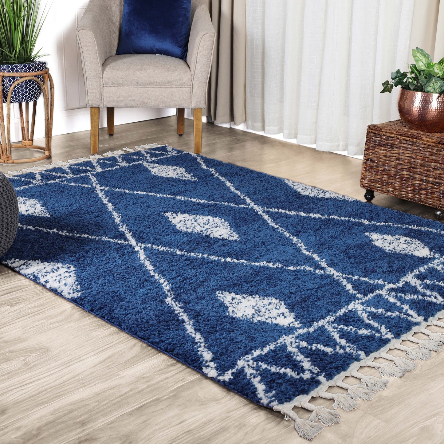 Superior Boho Tribal Geometric Indoor Shag Area Rug with Tassels - Cream-Blue
