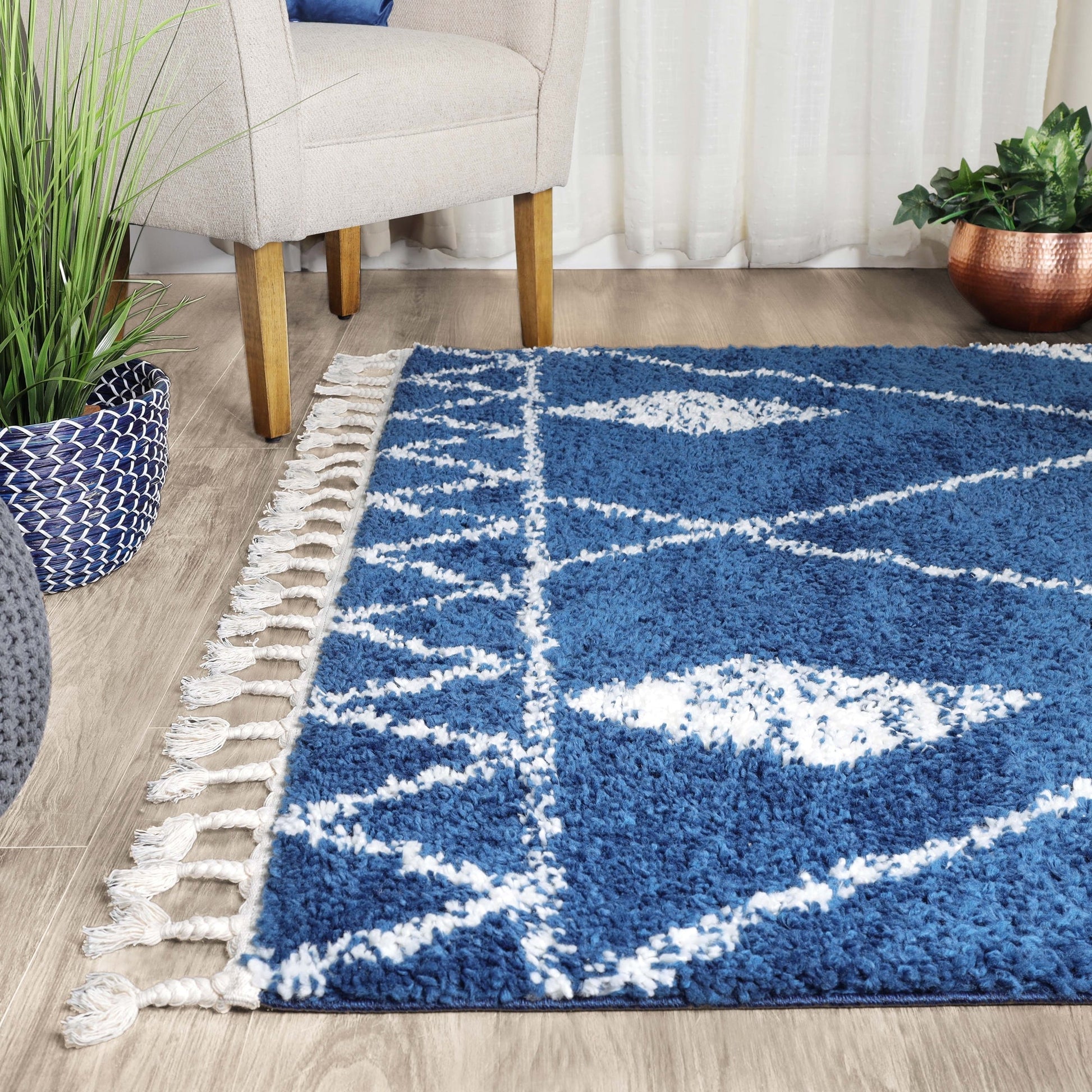 Superior Boho Tribal Geometric Indoor Shag Area Rug with Tassels - Cream-Blue