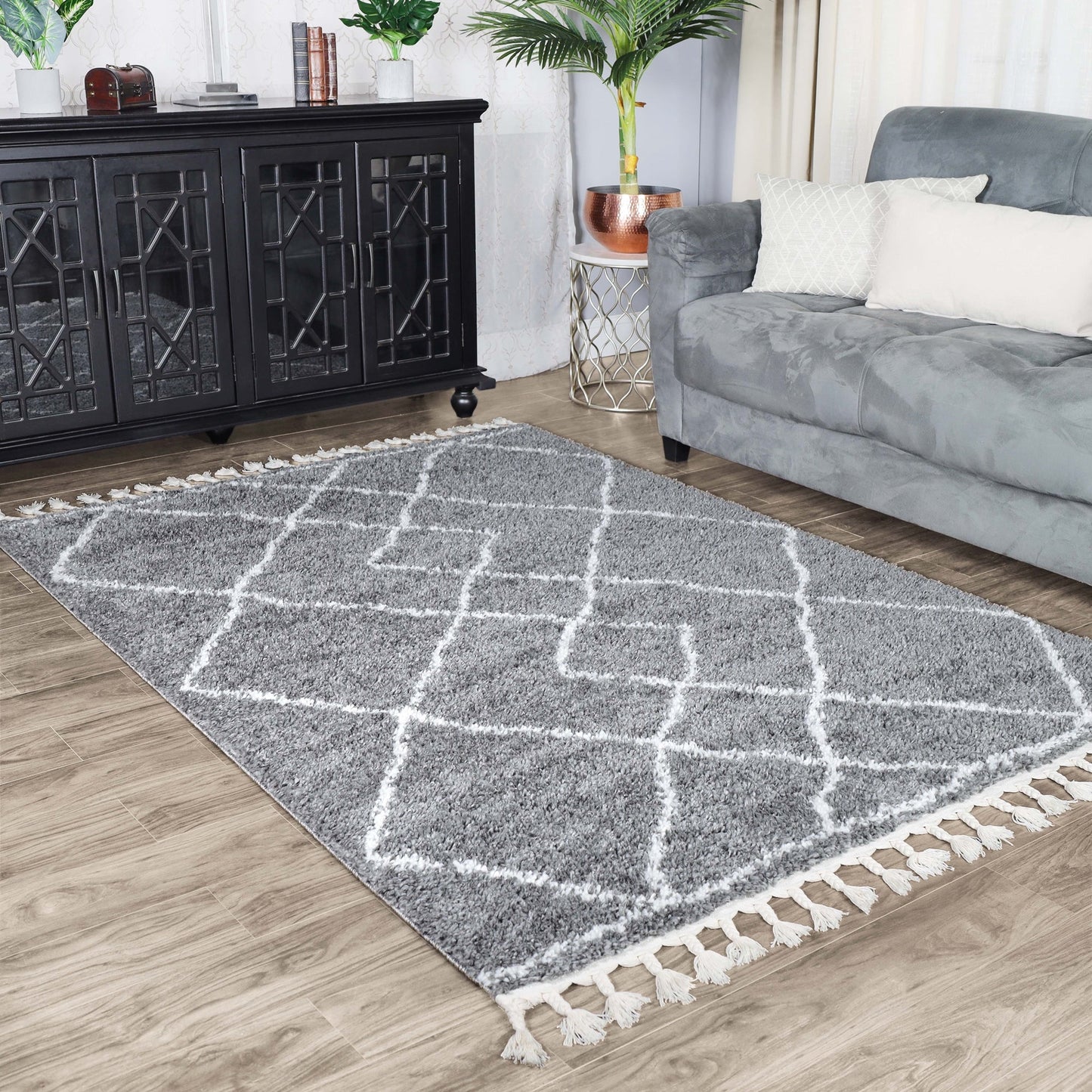 Superior Boho Geometric Diamonds Indoor Plush Shag Area Rug with Tassels -Cream-Grey