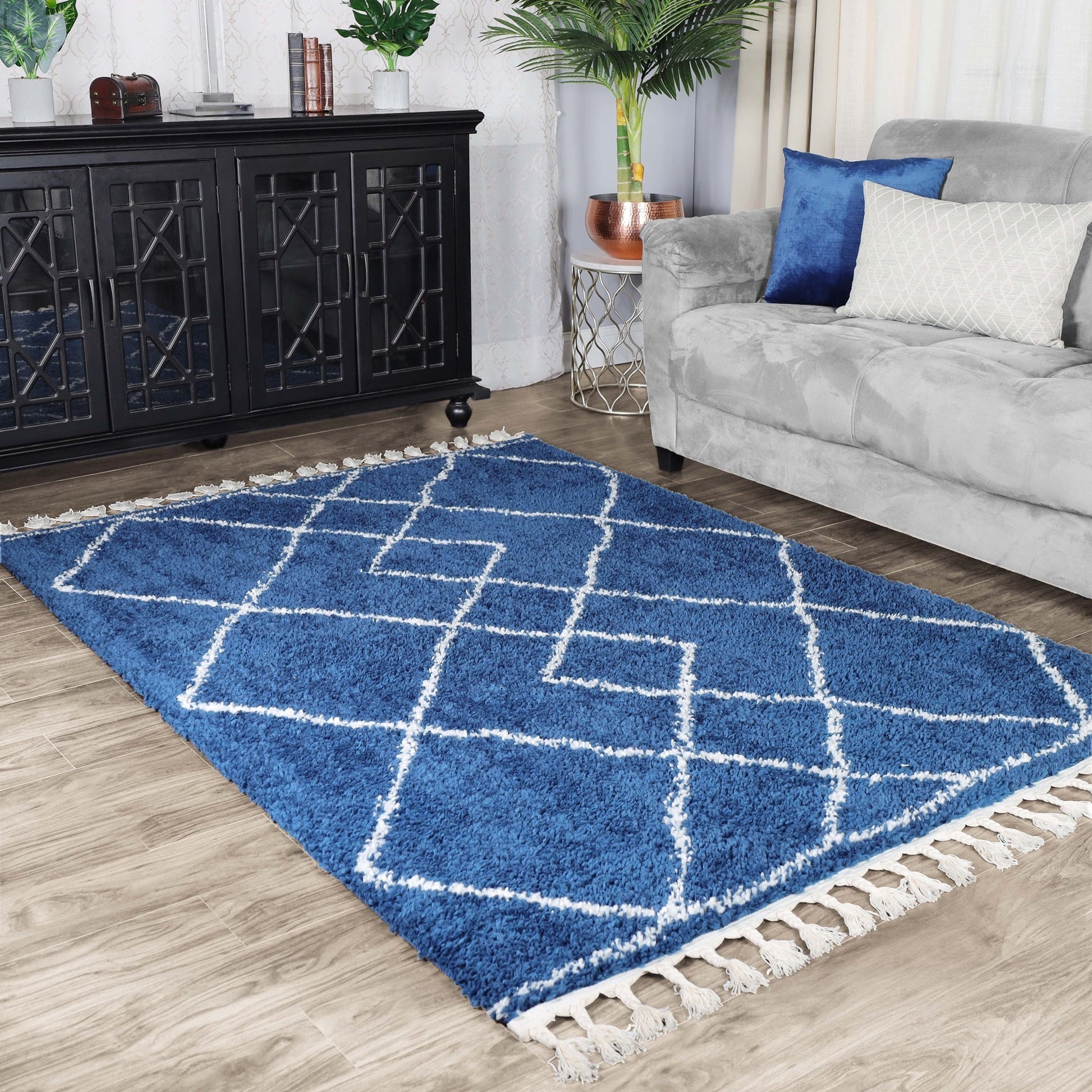 Superior Boho Geometric Diamonds Indoor Plush Shag Area Rug with Tassels - Cream-Blue