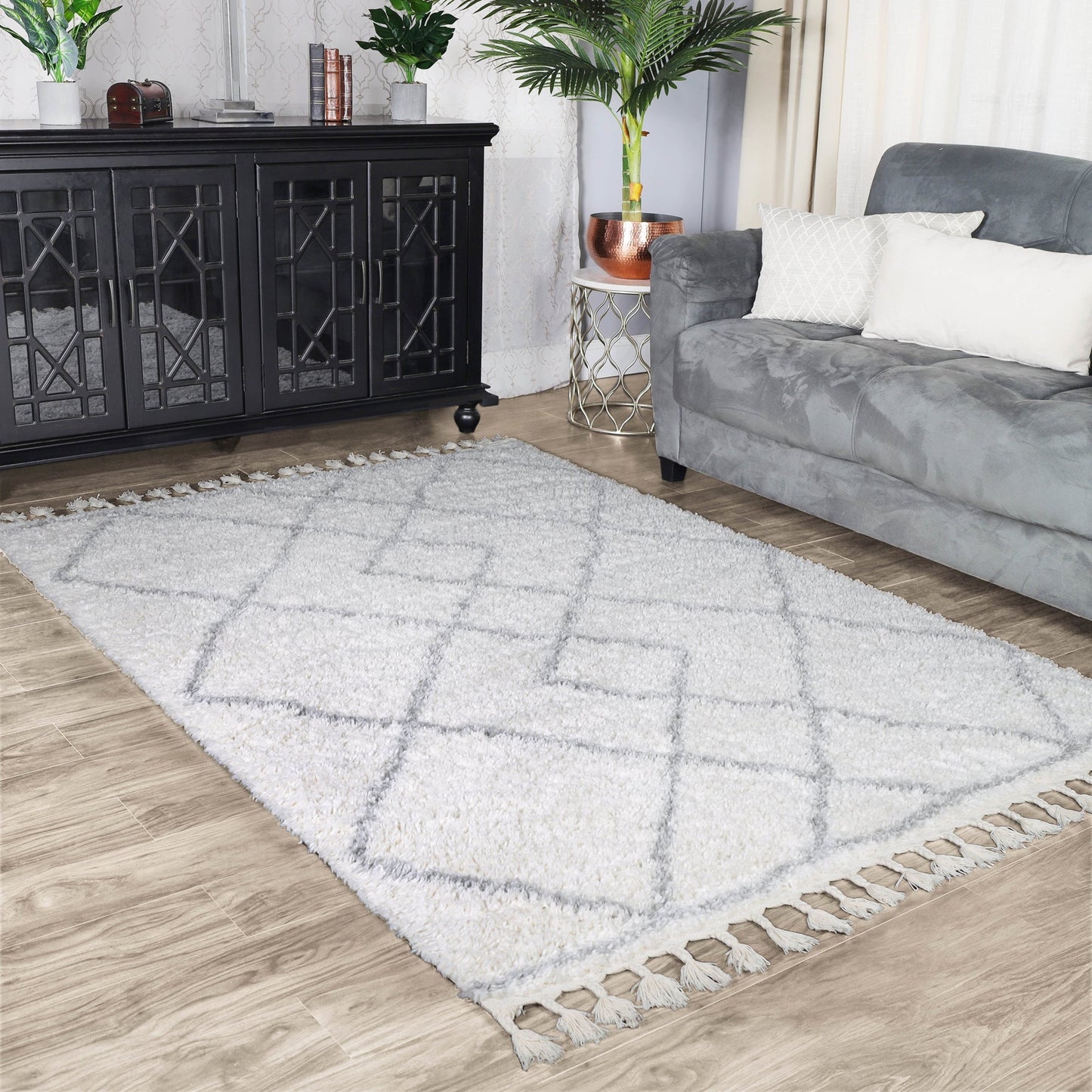 Superior Boho Geometric Diamonds Indoor Plush Shag Area Rug with Tassels - Grey-Cream