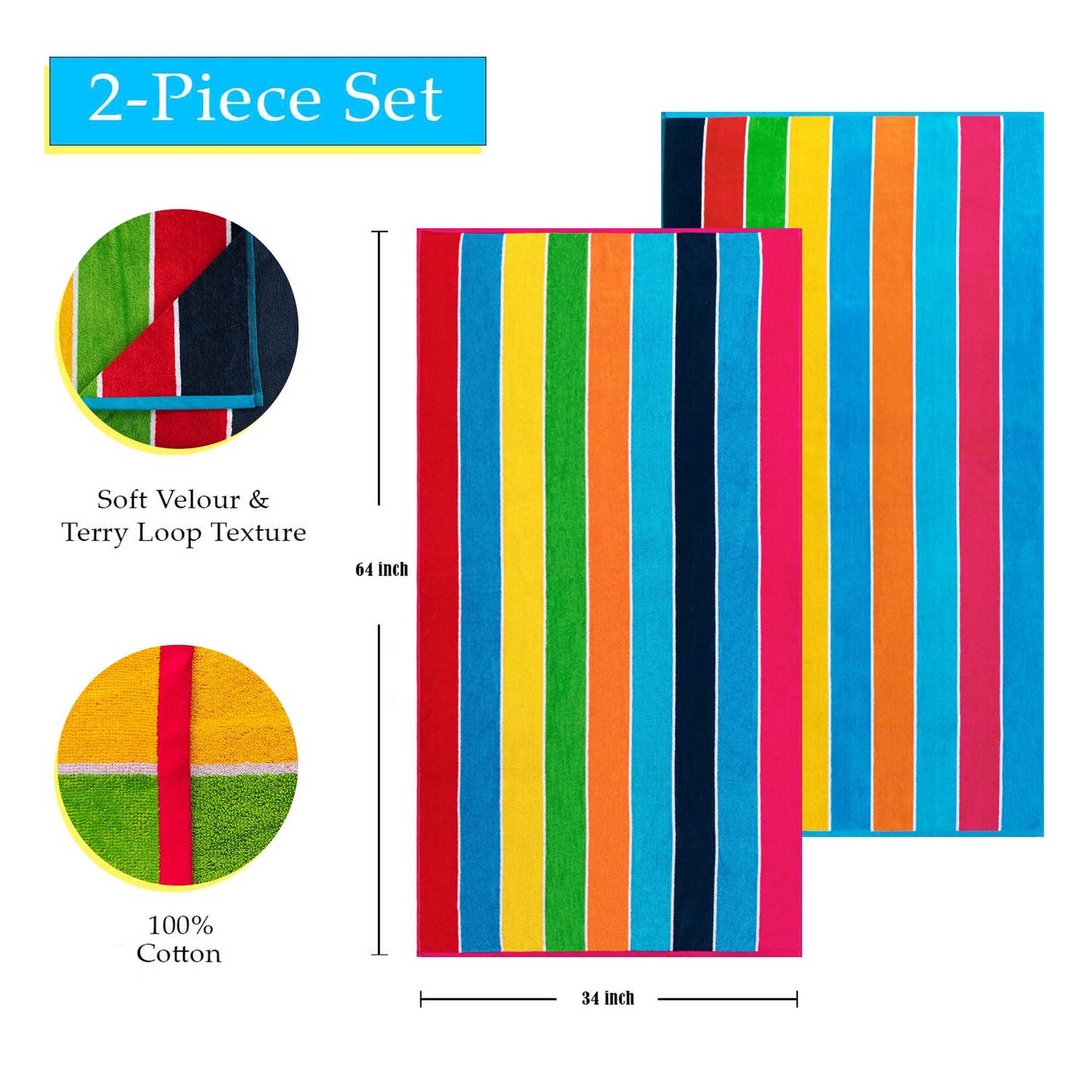 Superior Rainbow Stripes Egyptian Cotton Oversized Beach Towel Set - Rainbow