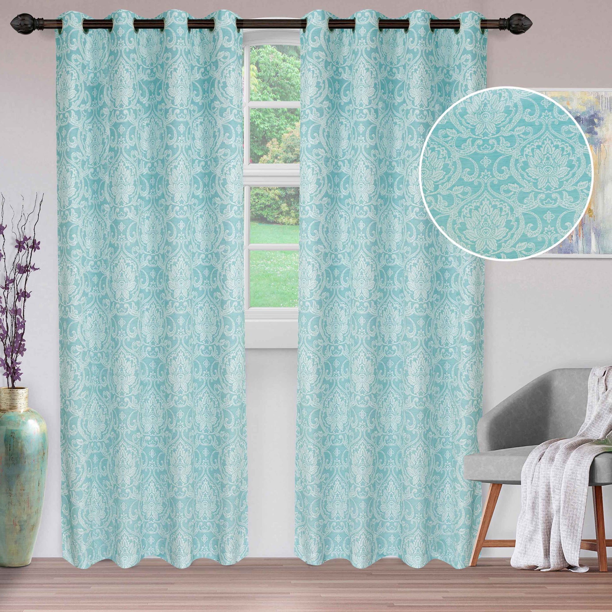 Jacquard Light Filtering Floral Damask Grommet Curtain Panels Set of 2 - Raindrop