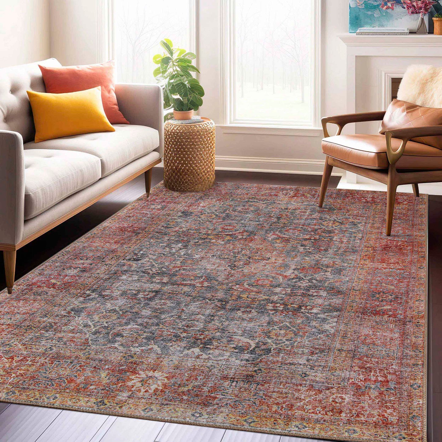 Huda Distressed Rustic Floral Geometric Medallion Indoor Area Rug - RubyRed