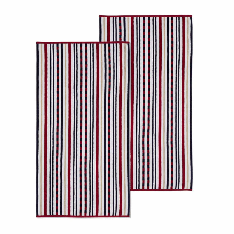 Stripe Cotton Oversized Medium Weight 2 Piece Beach Towel Set - Red