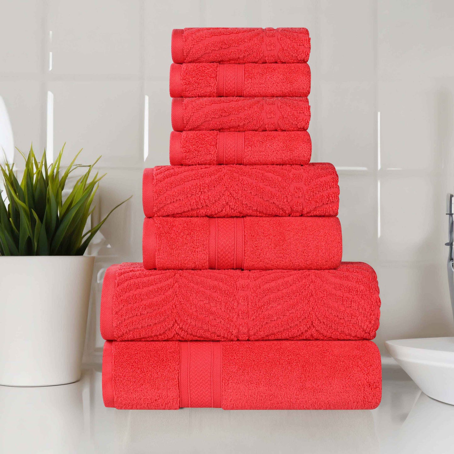 Chevron Zero Twist Solid and Jacquard Cotton 8 Piece Towel Set - Red