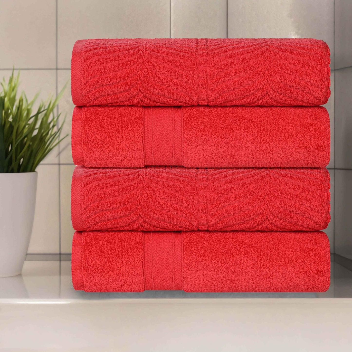Chevron Zero Twist Solid and Jacquard Soft Cotton Hand Towel Set of 6 - Red