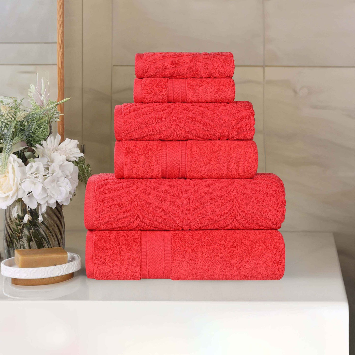 Chevron Zero Twist Solid and Jacquard Soft Cotton 6 Piece Towel Set - Red