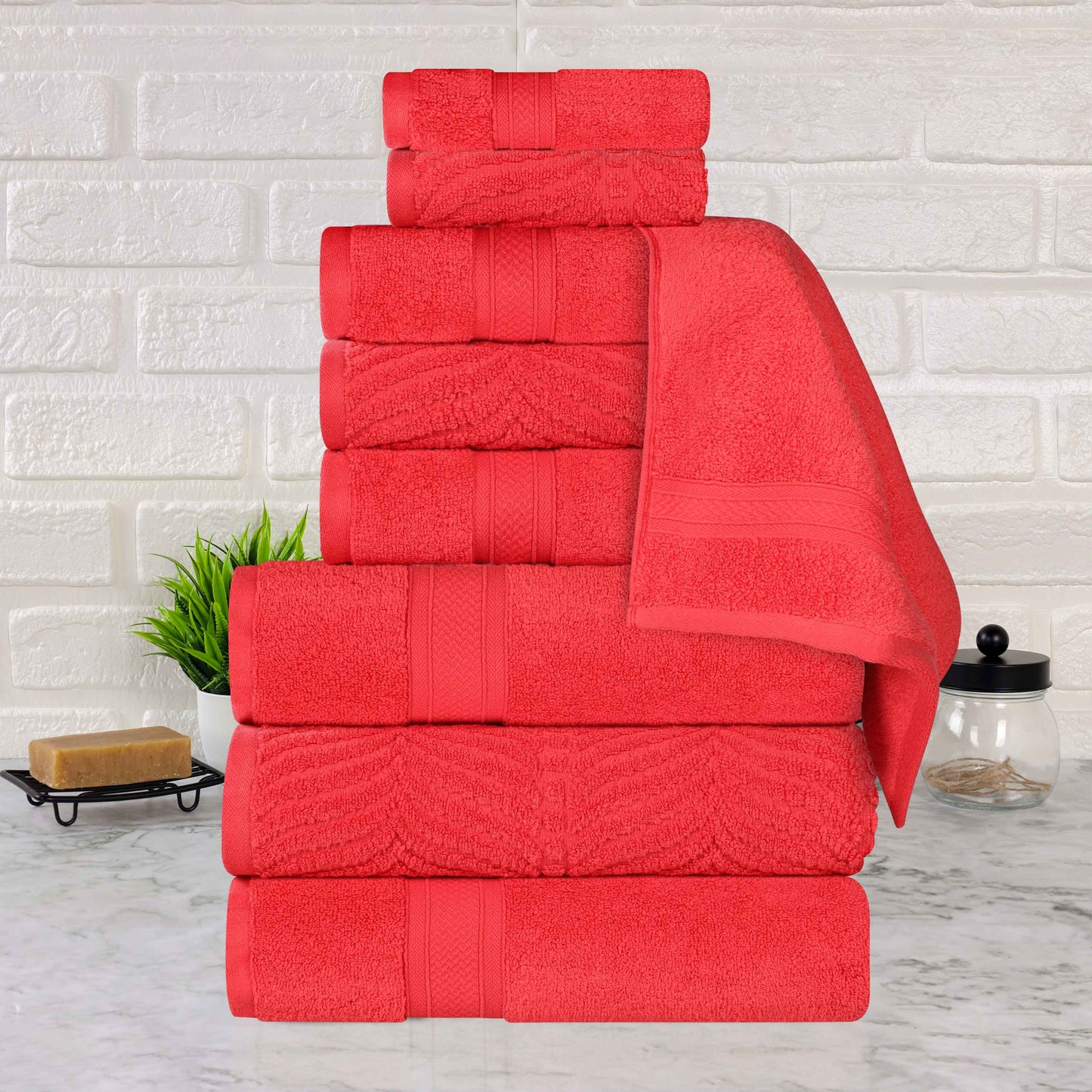 Chevron Zero Twist Solid and Jacquard Cotton 9 Piece Towel Set - Red