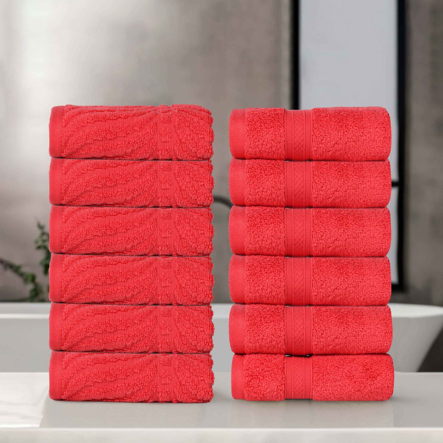 Chevron Zero Twist Solid and Jacquard Soft Cotton Washcloth Set of 12 - Red