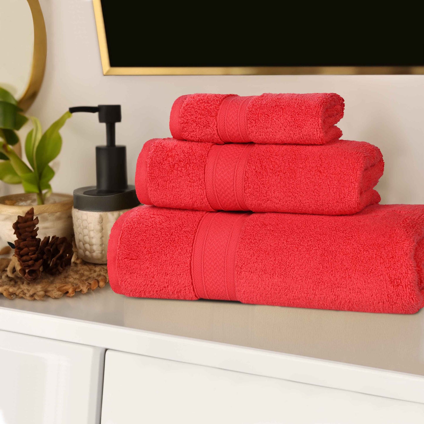 Chevron Zero Twist Solid Soft Absorbent Cotton 3 Piece Towel Set - Red