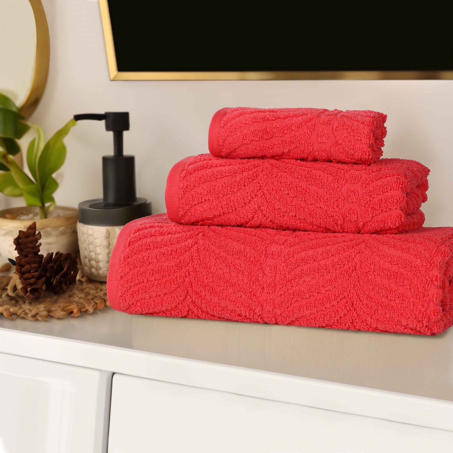 Chevron Zero Twist Jaquard Cotton 3 Piece Bathroom Towel Set - Red