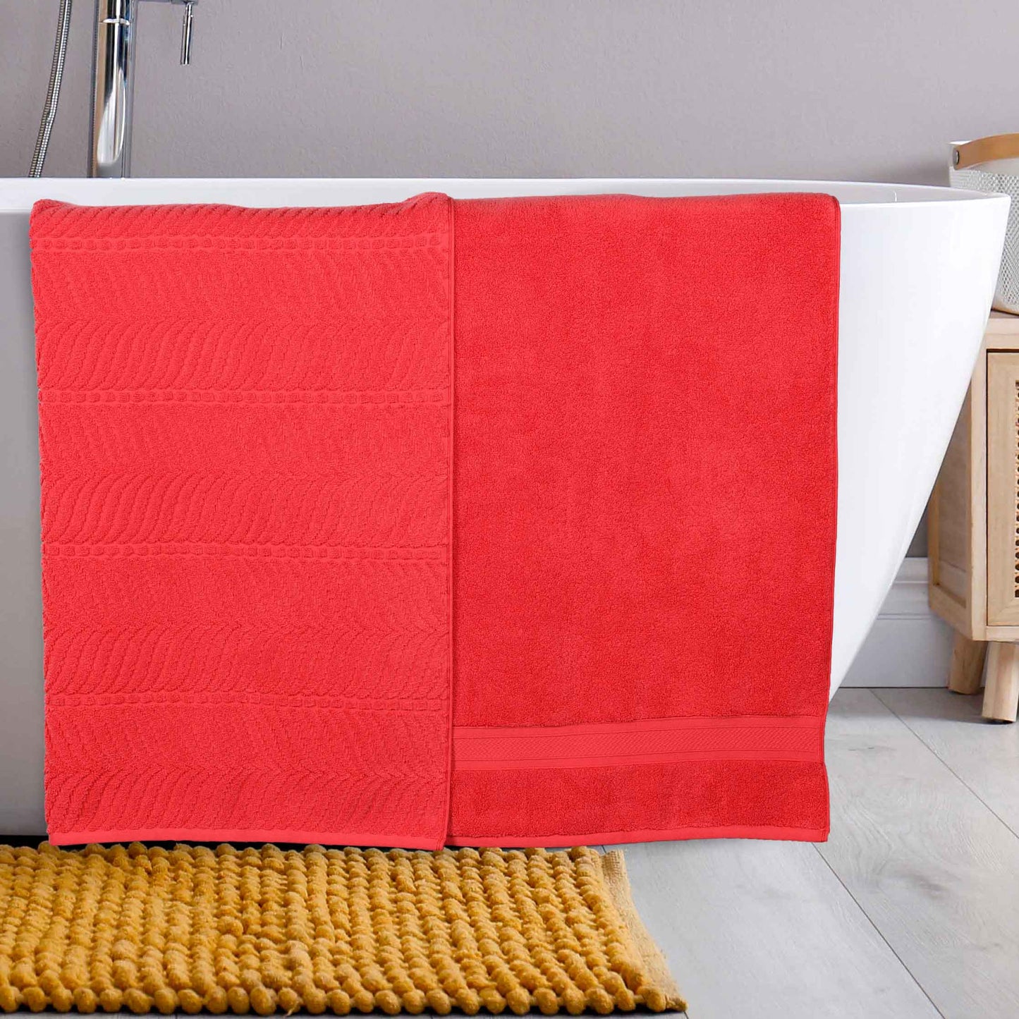 Chevron Zero Twist Solid and Jacquard Soft Cotton Bath Sheet Set of 2 - Red