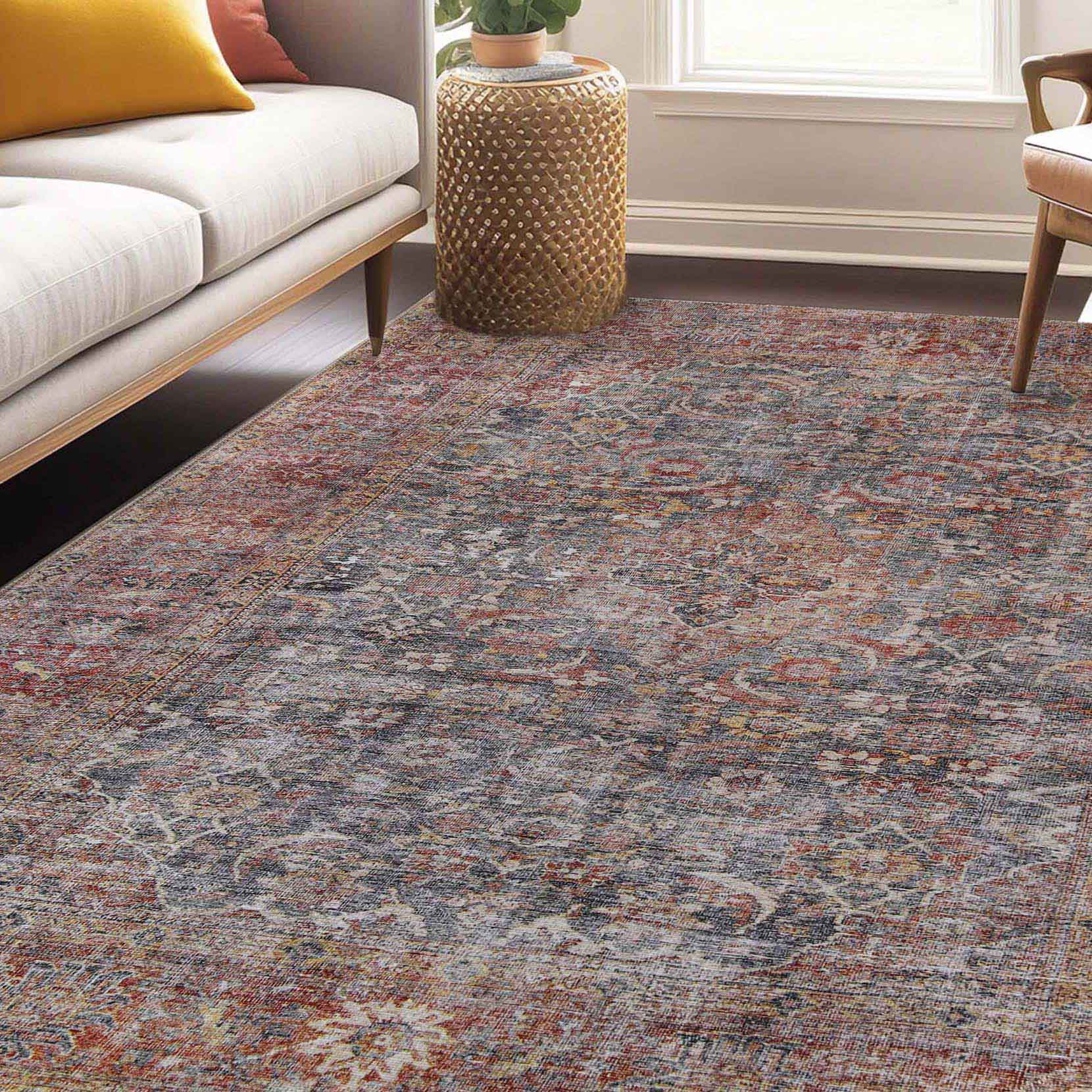 Huda Distressed Rustic Floral Geometric Medallion Indoor Area Rug - RubyRed