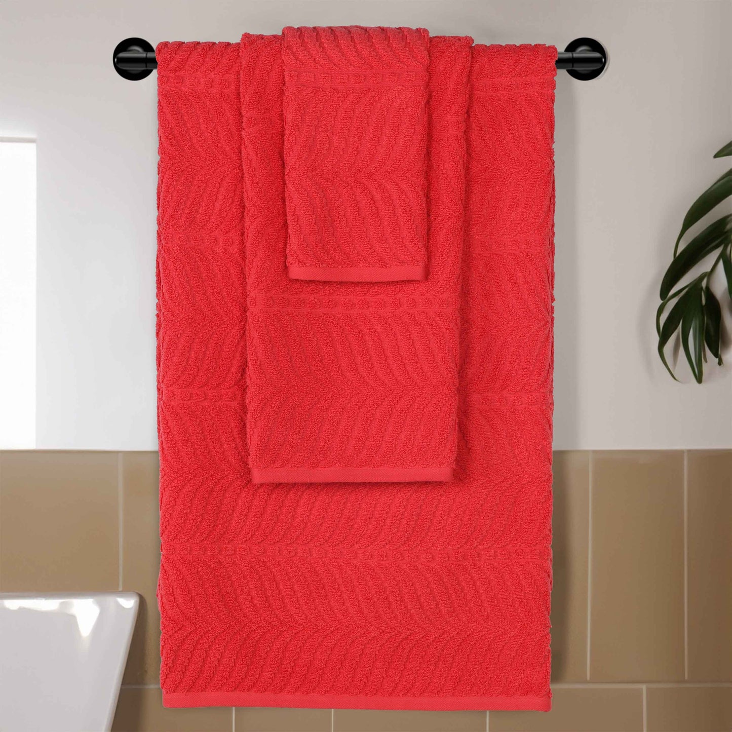 Chevron Zero Twist Jaquard Cotton 3 Piece Bathroom Towel Set - Red