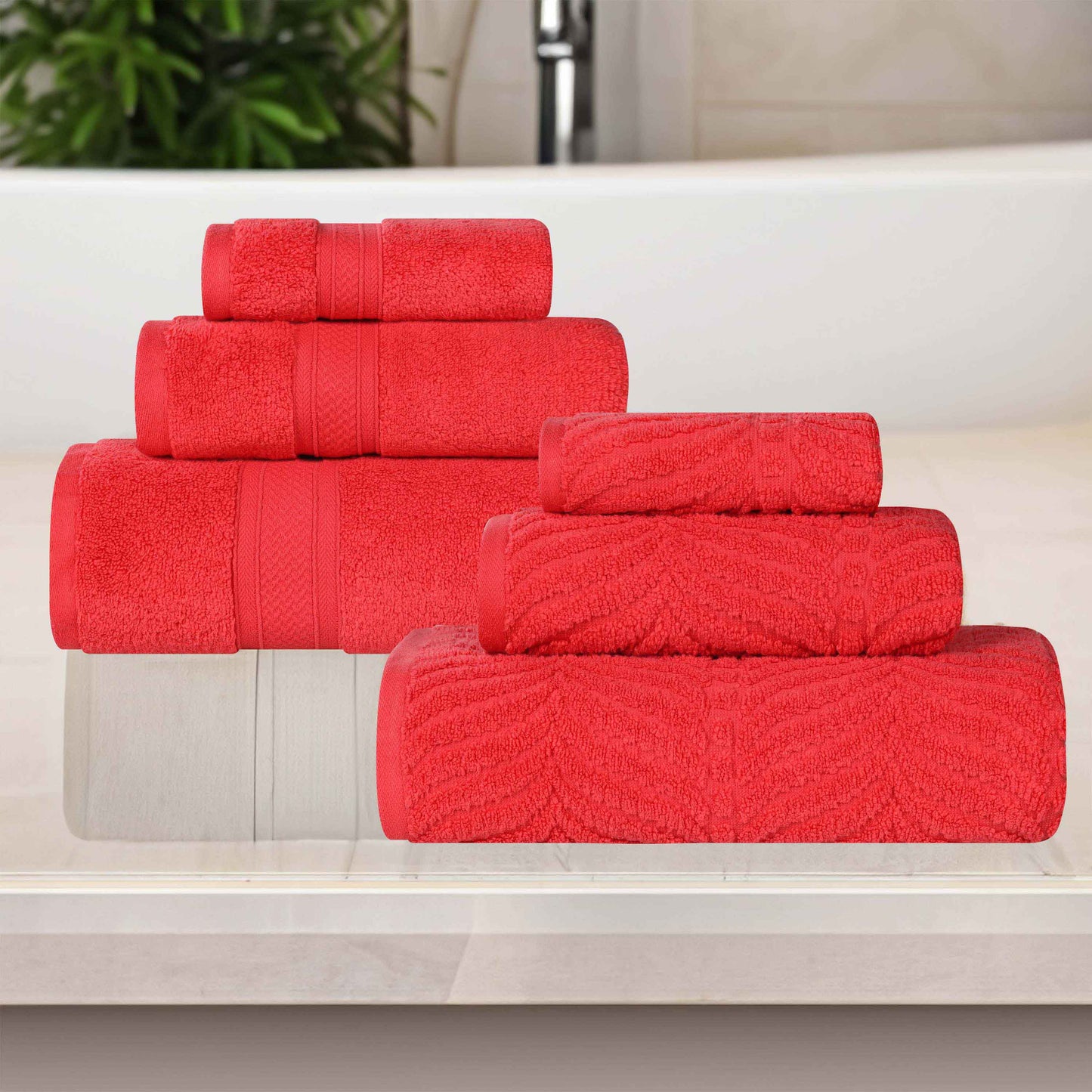 Chevron Zero Twist Solid and Jacquard Soft Cotton 6 Piece Towel Set - Red