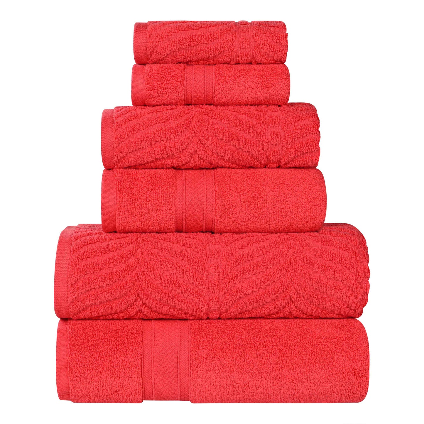 Chevron Zero Twist Solid and Jacquard Soft Cotton 6 Piece Towel Set - Red