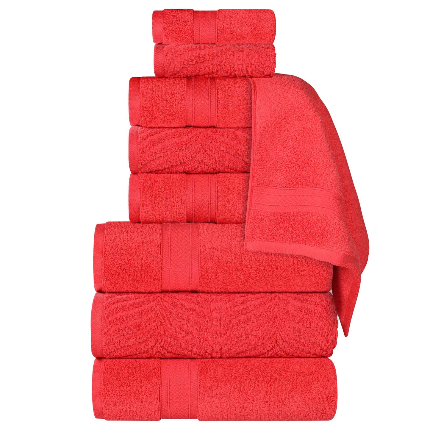 Chevron Zero Twist Solid and Jacquard Cotton 9 Piece Towel Set - Red