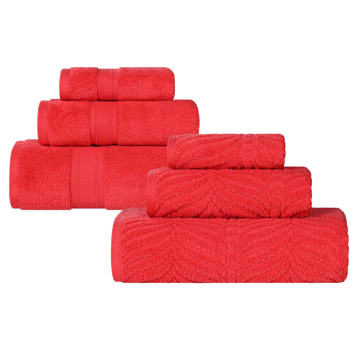 Chevron Zero Twist Solid and Jacquard Soft Cotton 6 Piece Towel Set - Red