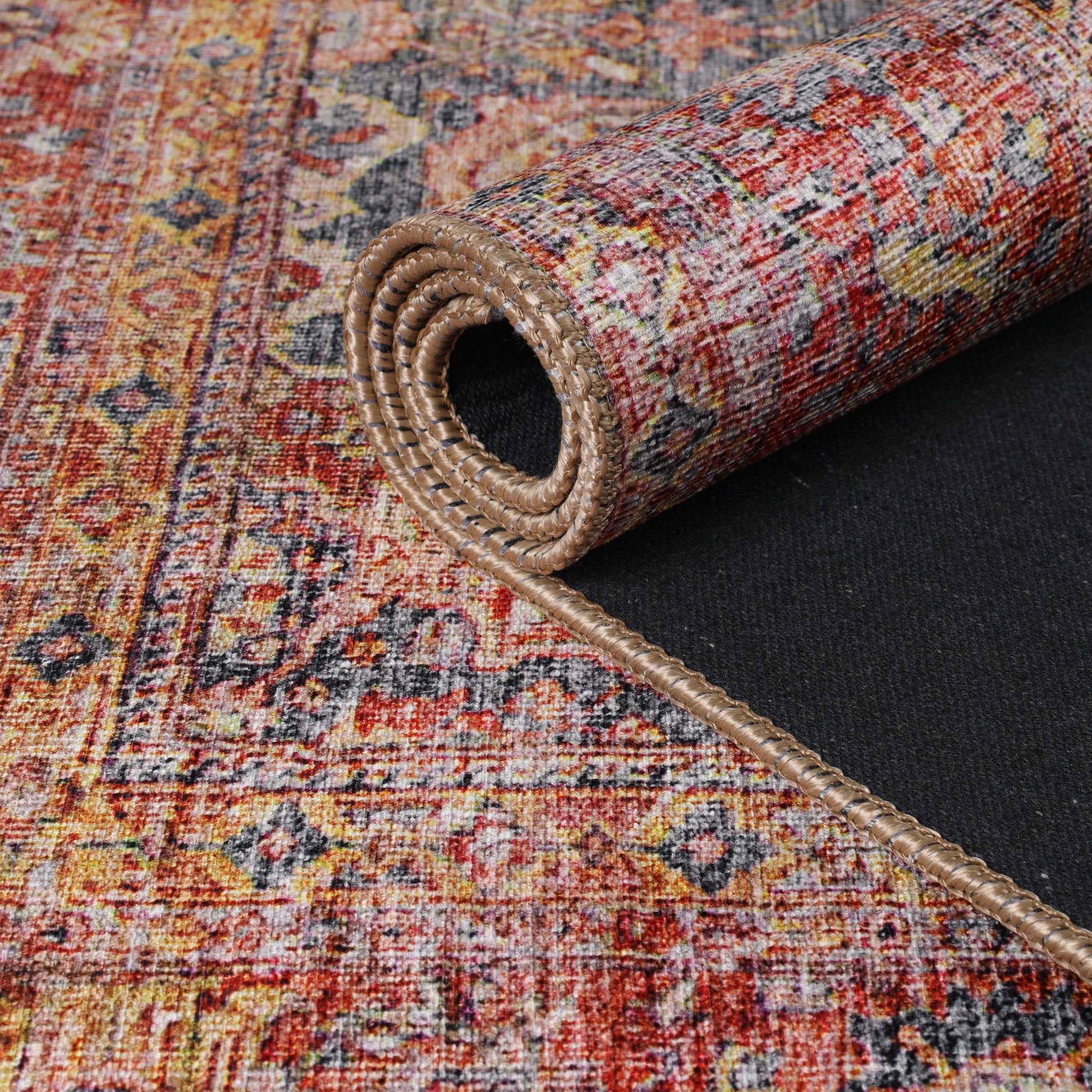Huda Distressed Rustic Floral Geometric Medallion Indoor Area Rug - RubyRed