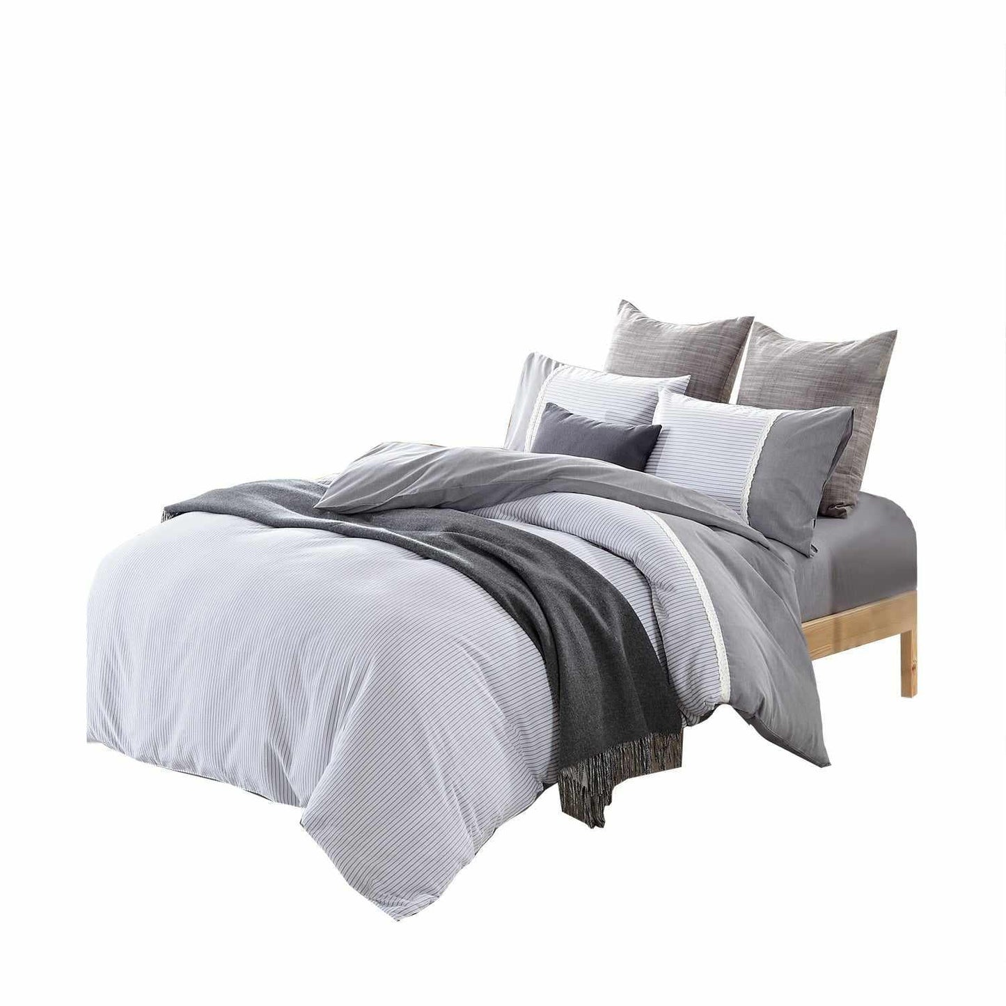 Superior Riverton Textured Thin Stripe 300-Thread Count Lace Trim Duvet Cover Set - Riverton