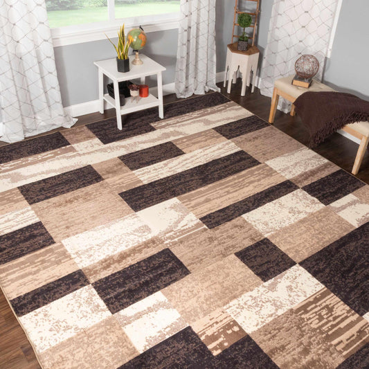 Superior Rockwood Contemporary Patchwork Non-Slip Indoor Washable Area Rug - Chocolate