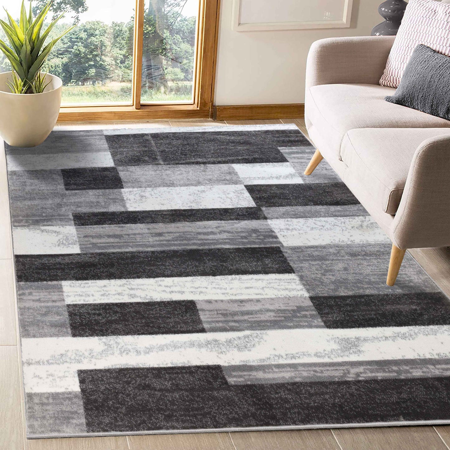 Rockwood Modern Geometric Patchwork Indoor Area Rug or Runner - Charcoal