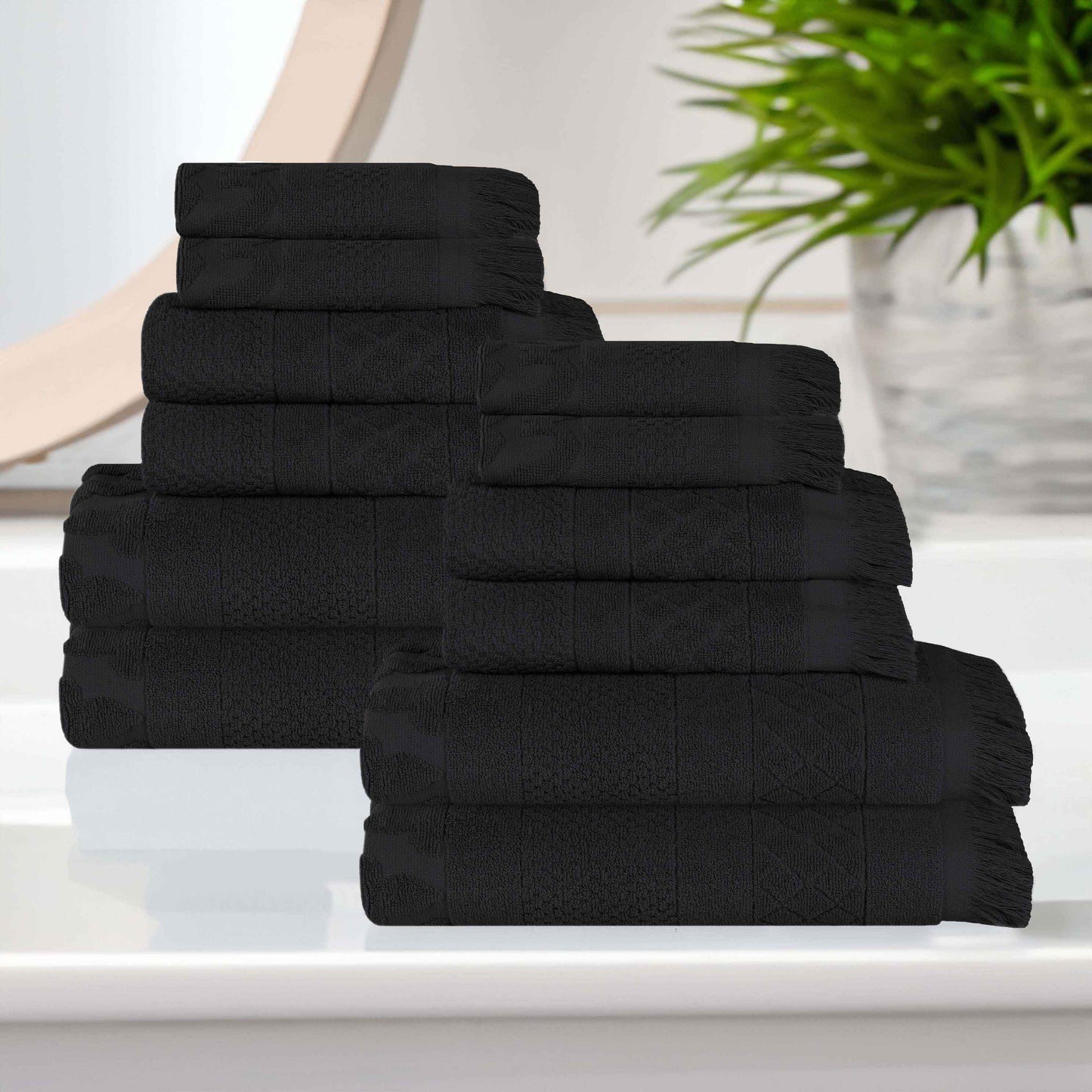 Rolla Cotton Geometric Jacquard Plush Soft Absorbent - Black