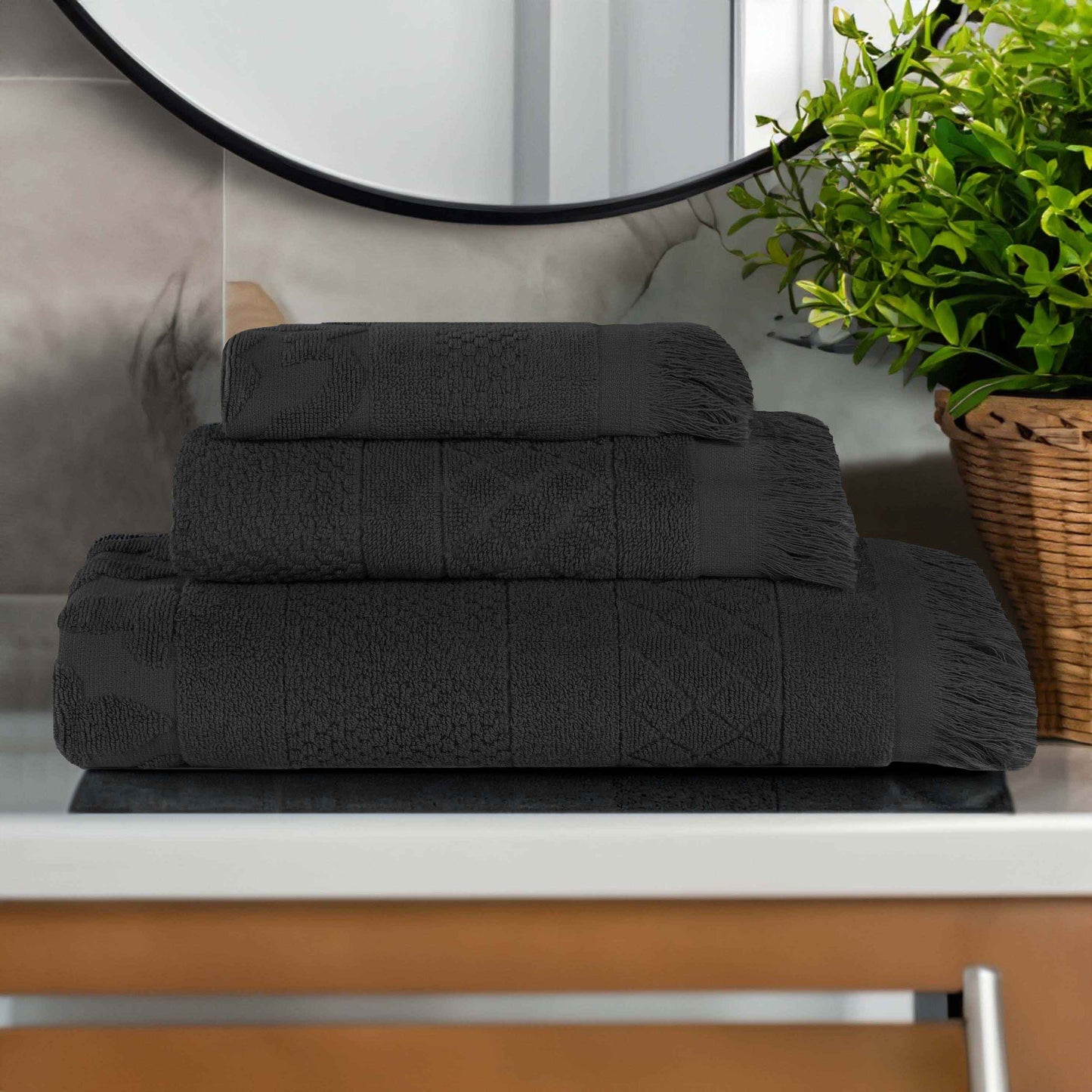 Rolla Cotton Geometric Jacquard Plush Soft Absorbent - Black