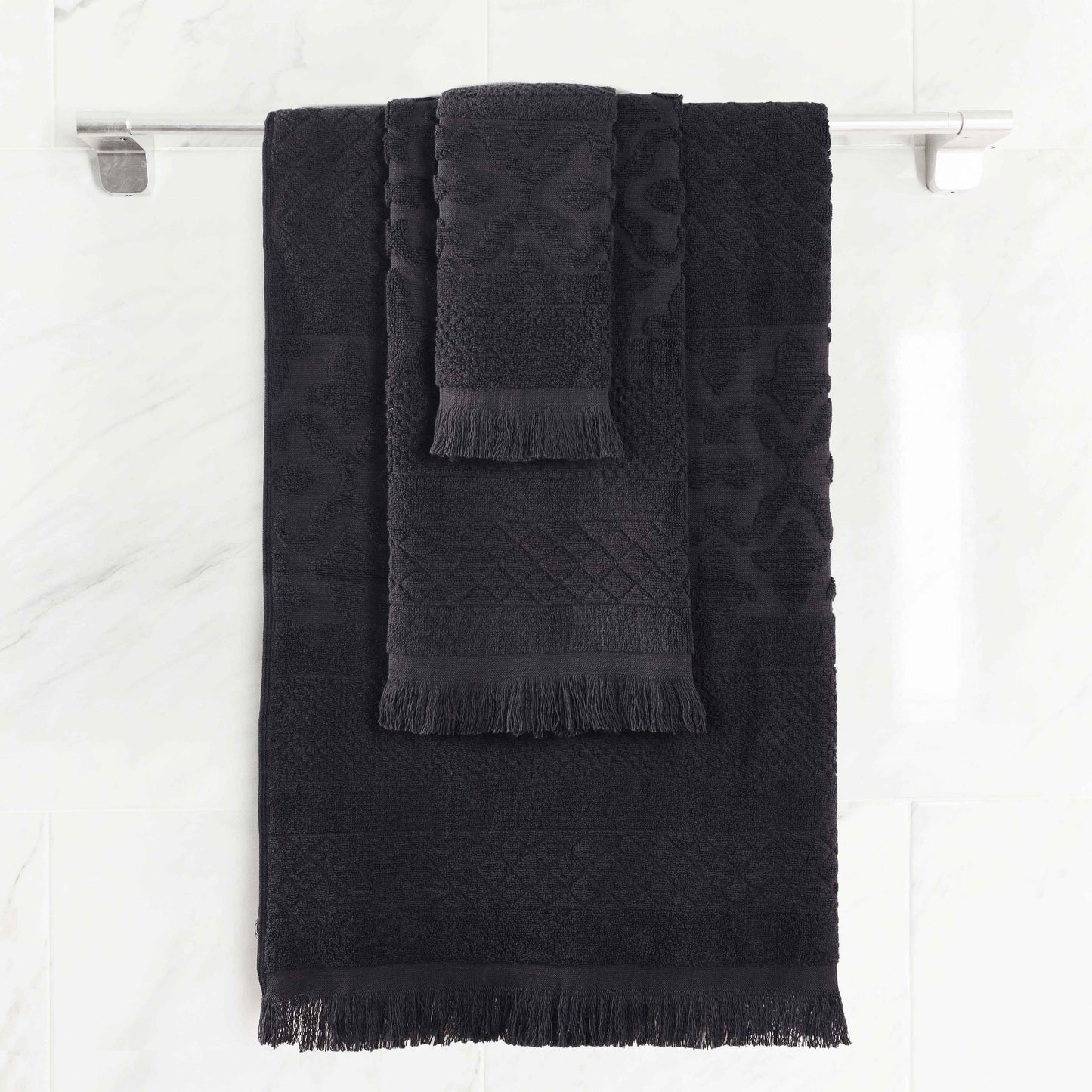 Rolla Cotton Geometric Jacquard Plush Soft Absorbent - Black