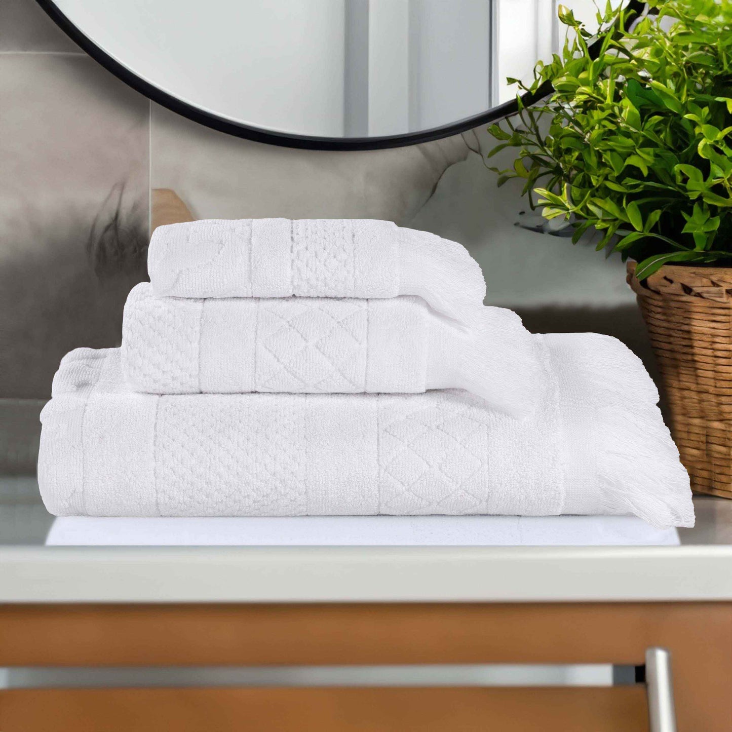 Rolla Cotton Geometric Jacquard Plush Soft Absorbent - White