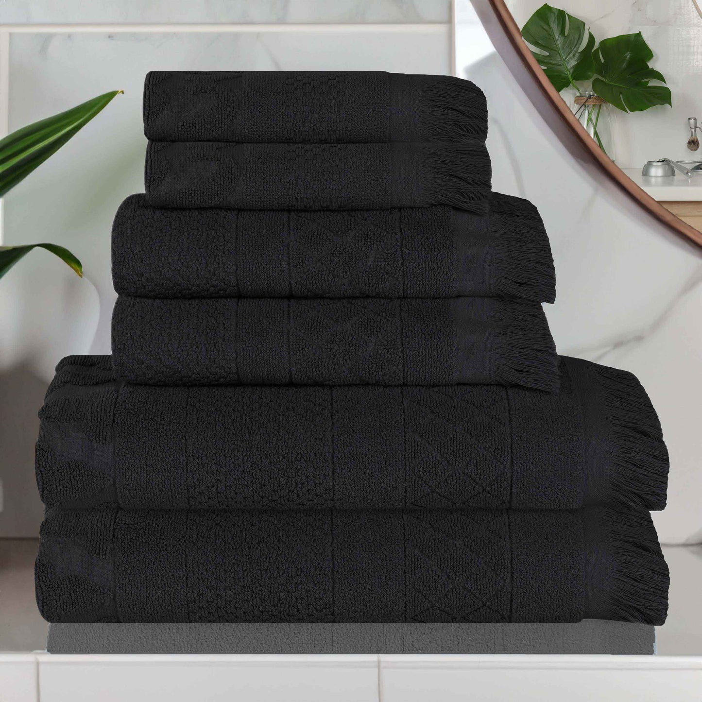 Rolla Cotton Geometric Jacquard Plush Soft Absorbent - Black
