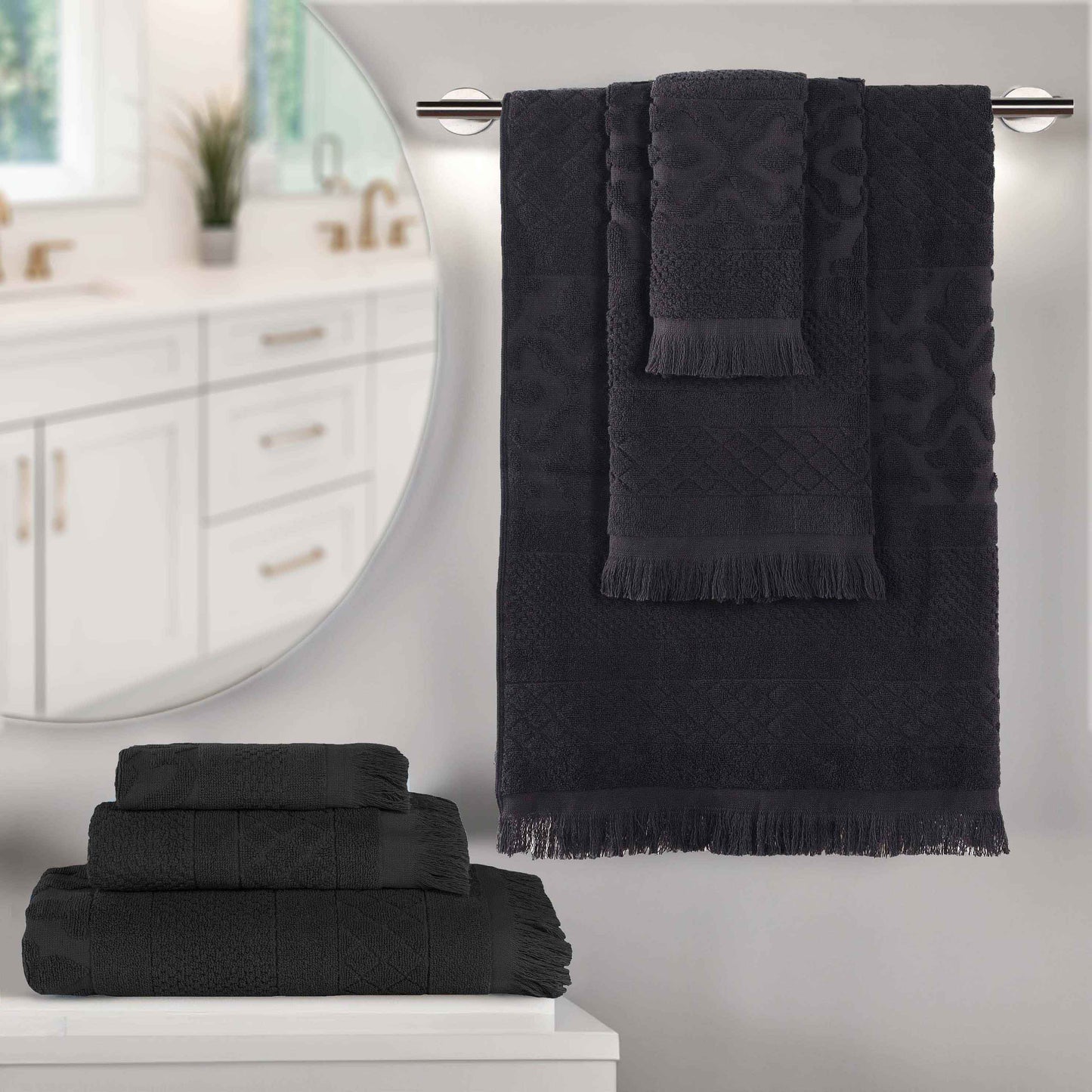 Rolla Cotton Geometric Jacquard Plush Soft Absorbent - Black