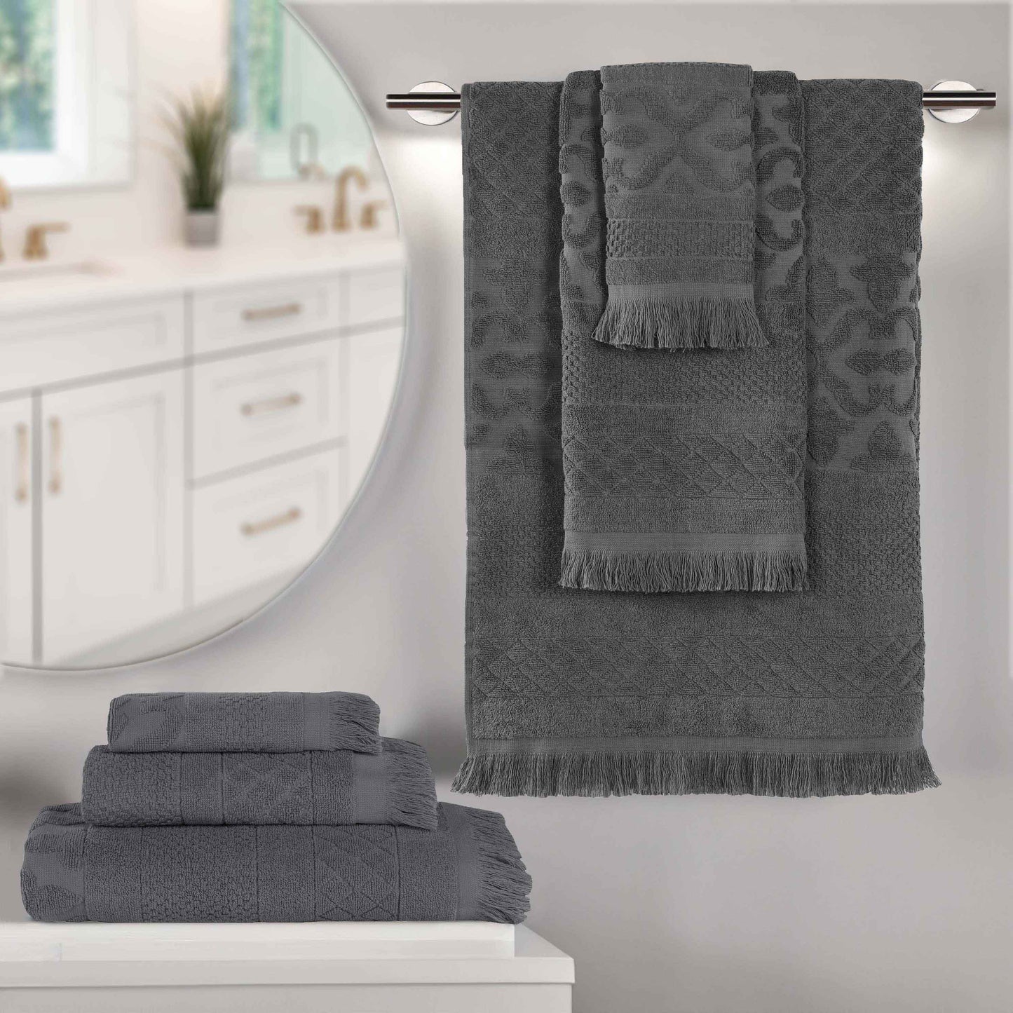 Rolla Cotton Geometric Jacquard Plush Soft Absorbent - Grey