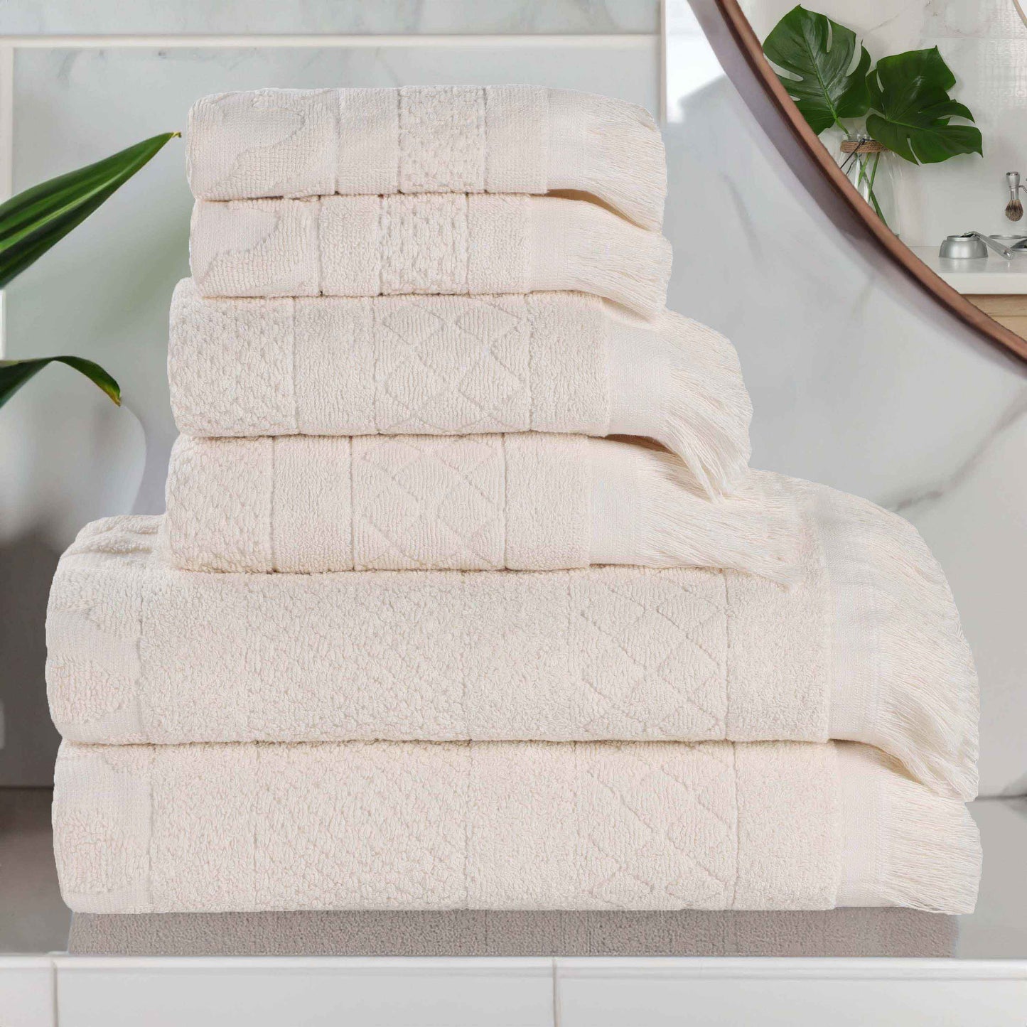 Rolla Cotton Geometric Jacquard Plush Soft Absorbent - Ivory