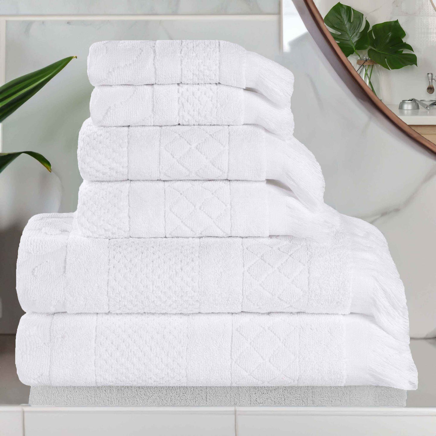 Rolla Cotton Geometric Jacquard Plush Soft Absorbent - White