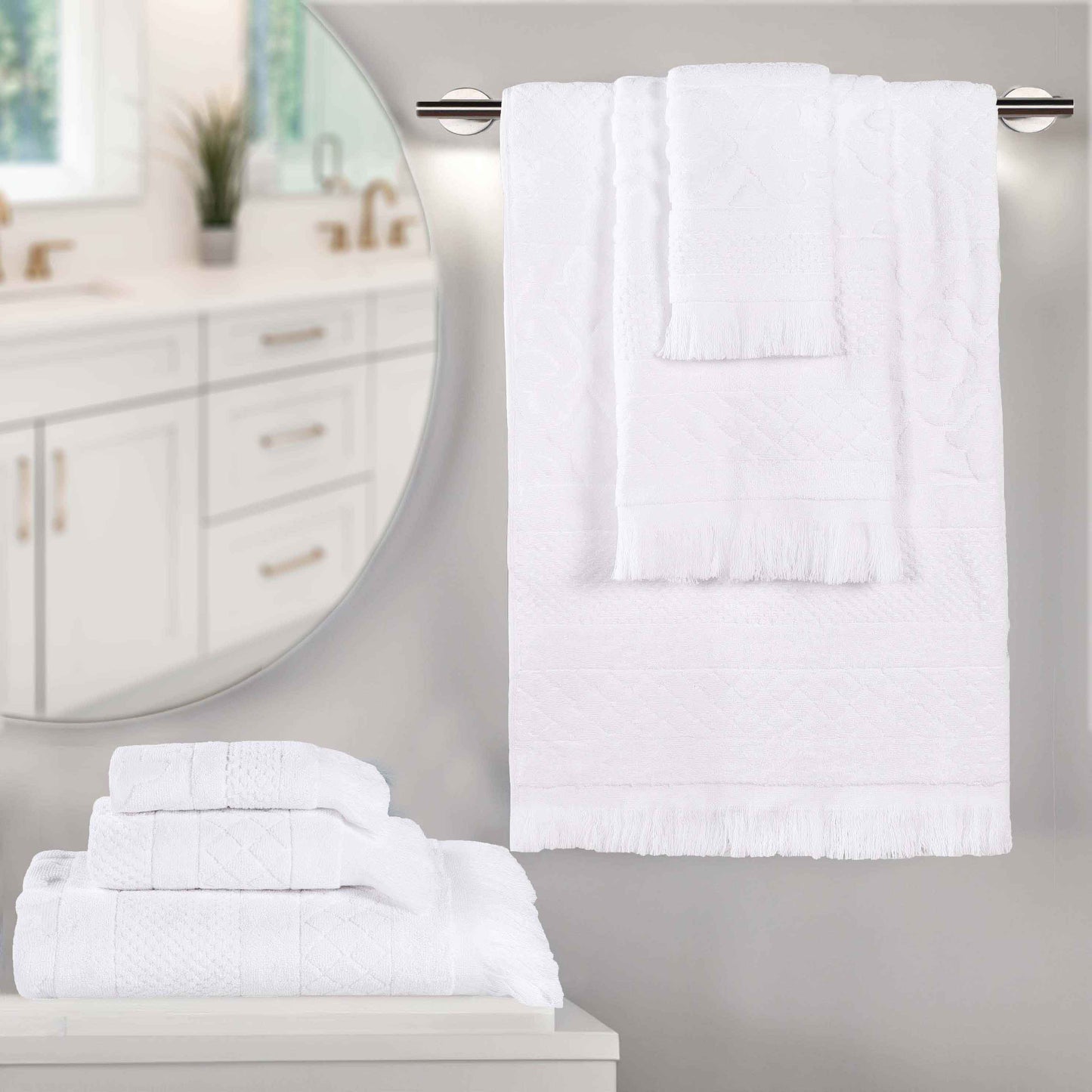 Rolla Cotton Geometric Jacquard Plush Soft Absorbent - White