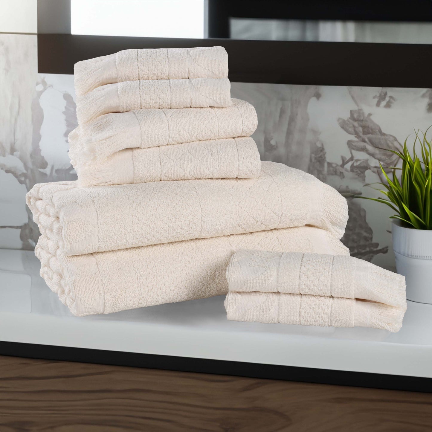 Rolla Cotton Geometric Jacquard Plush Soft Absorbent - Ivory