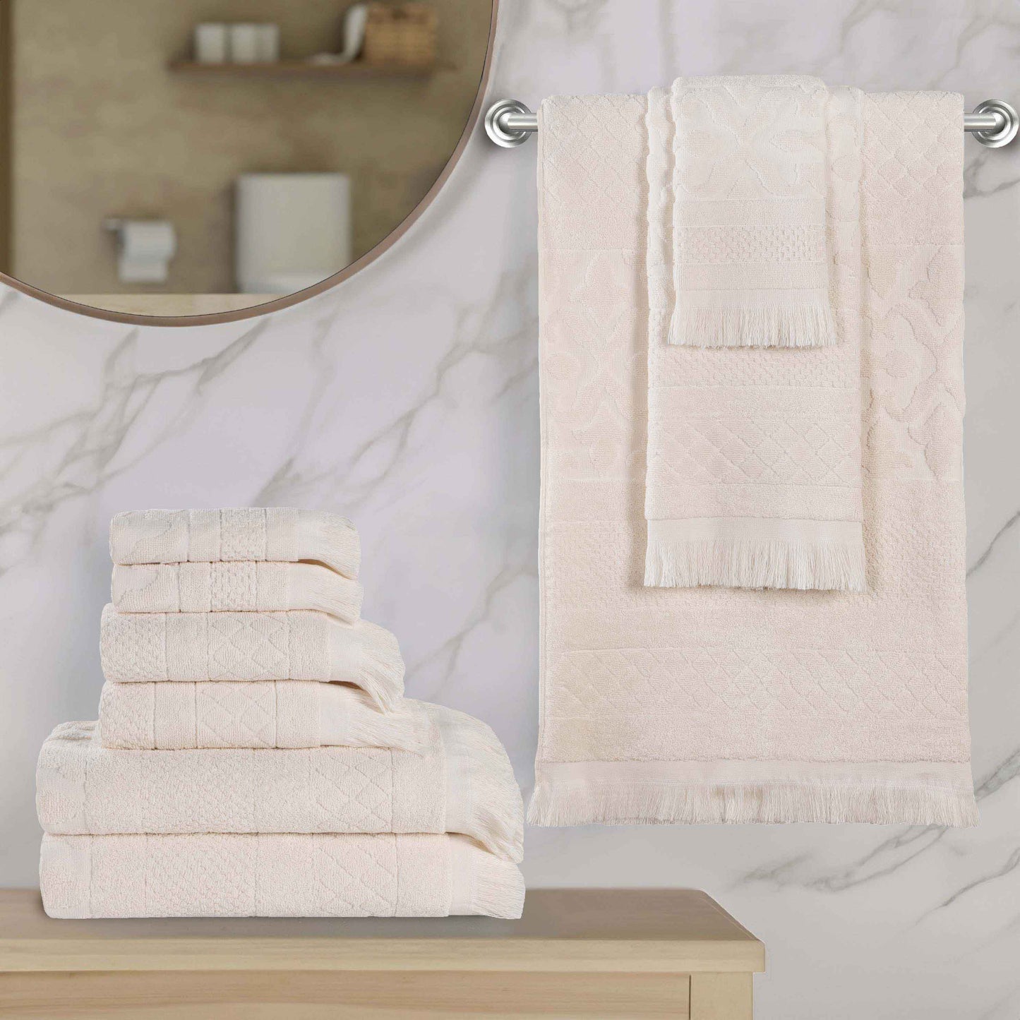 Rolla Cotton Geometric Jacquard Plush Soft Absorbent - Ivory