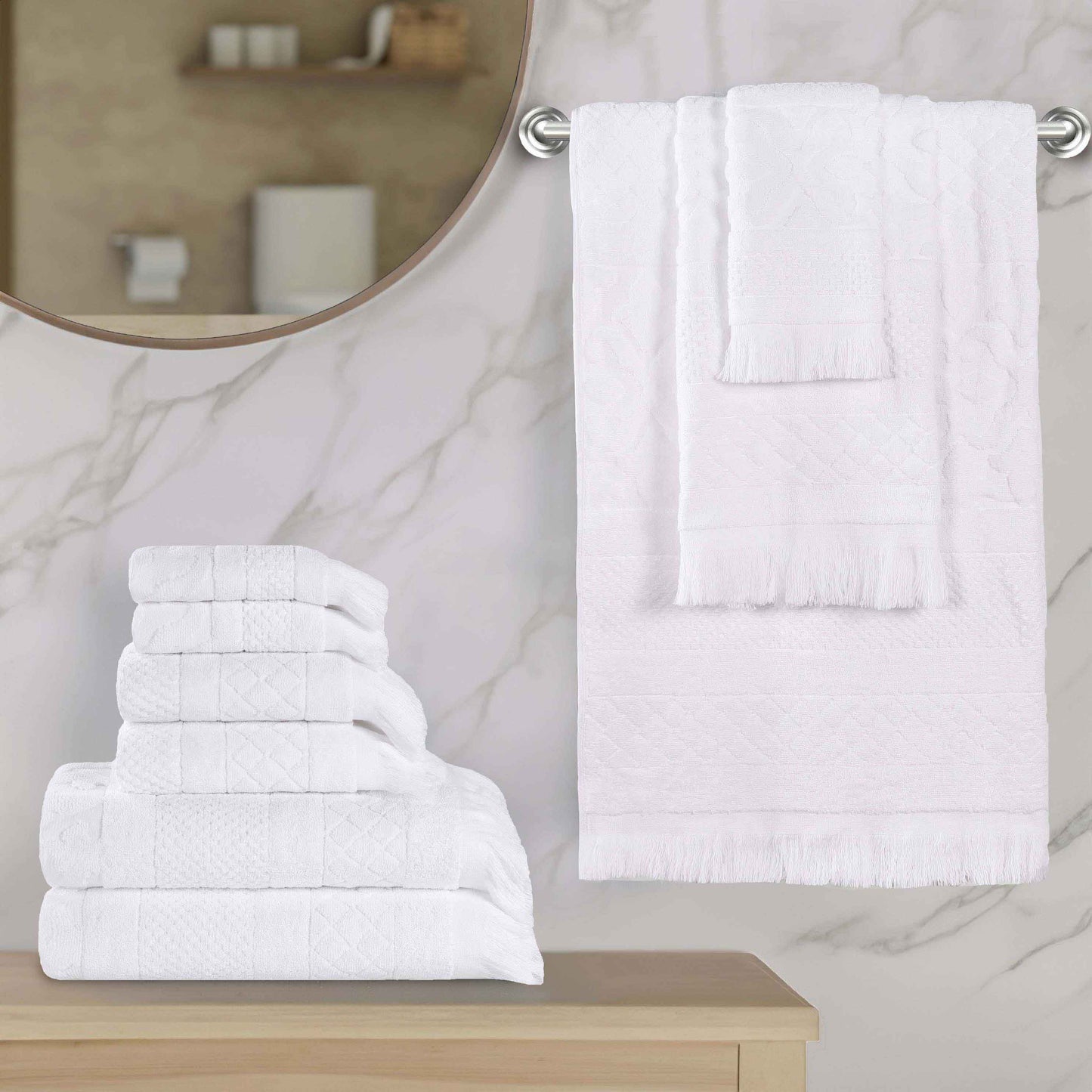 Rolla Cotton Geometric Jacquard Plush Soft Absorbent - White