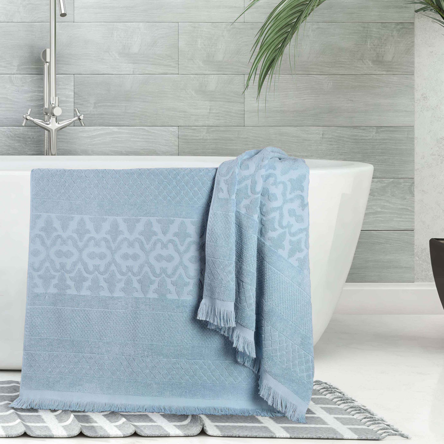 Rolla Cotton Geometric Jacquard Plush Absorbent Bath Sheet - Blue