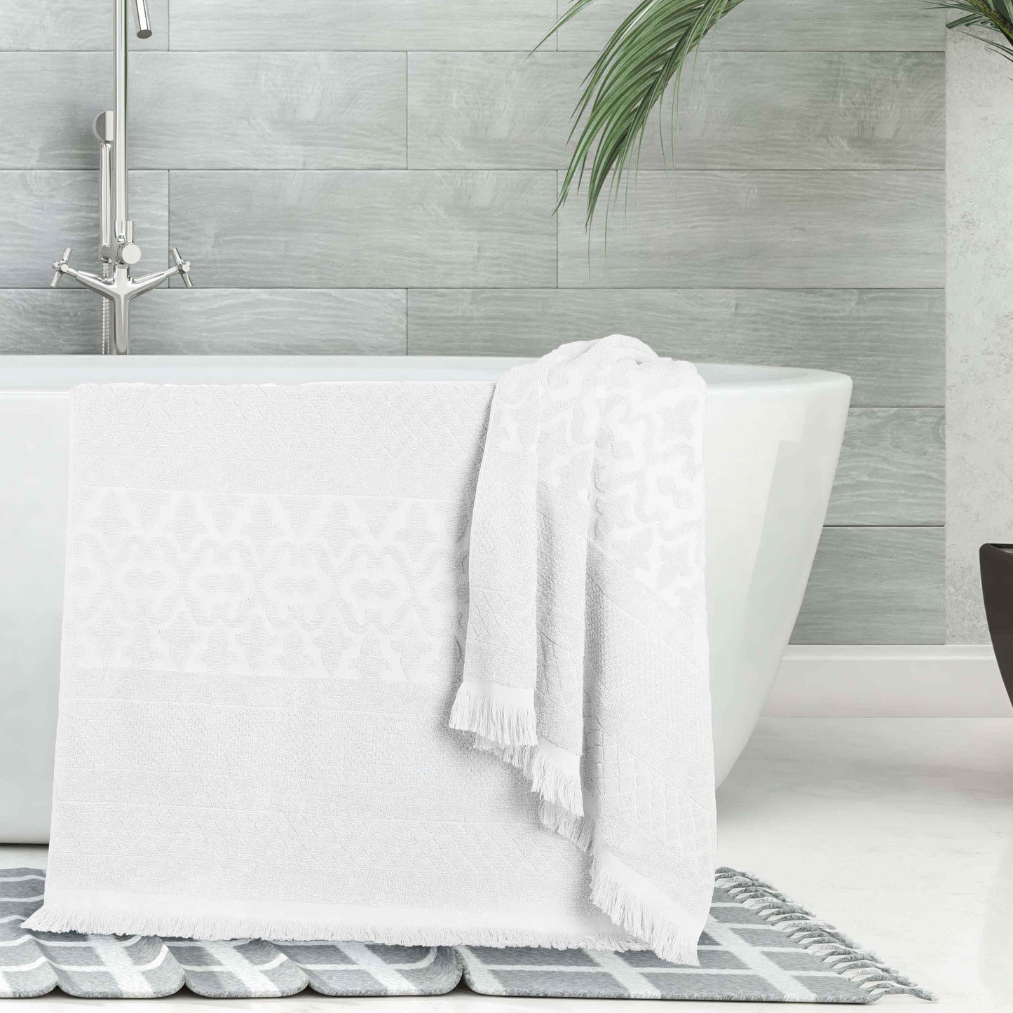 Rolla Cotton Geometric Jacquard Plush Absorbent Bath Sheet - White