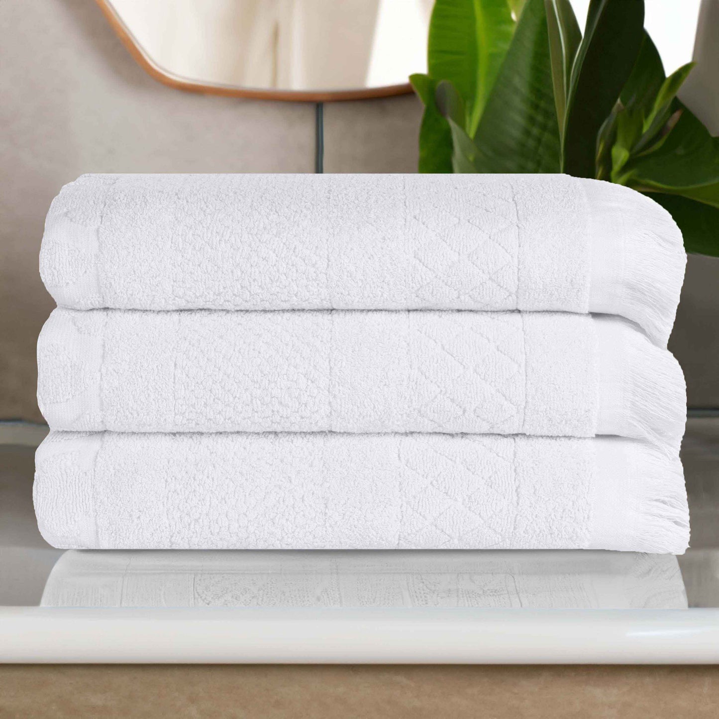 Rolla Cotton Geometric Jacquard Plush Absorbent Bath Towel - White