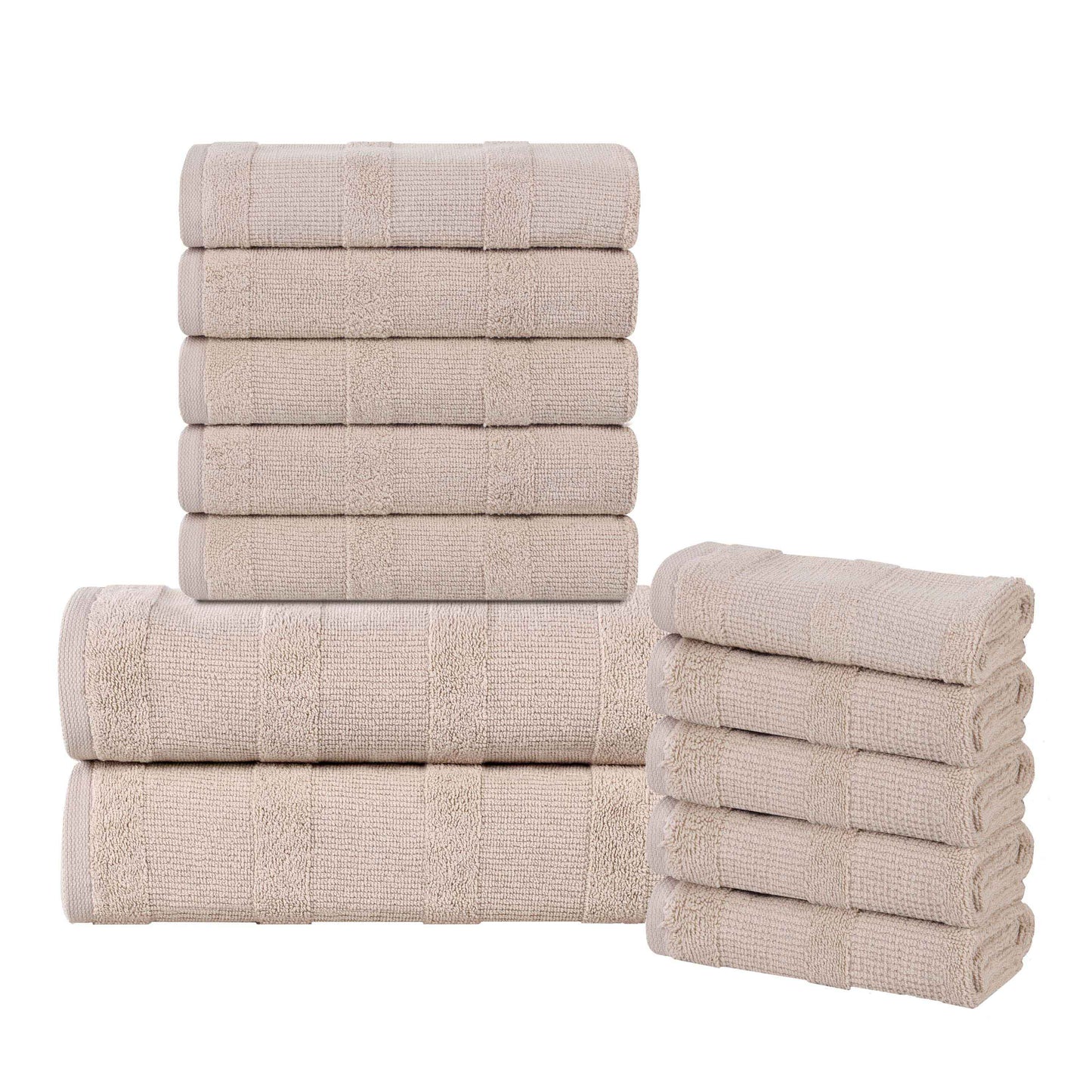 Roma Cotton Ribbed Textured Soft Absorbent 12 Piece Assorted Towel Set - Stone