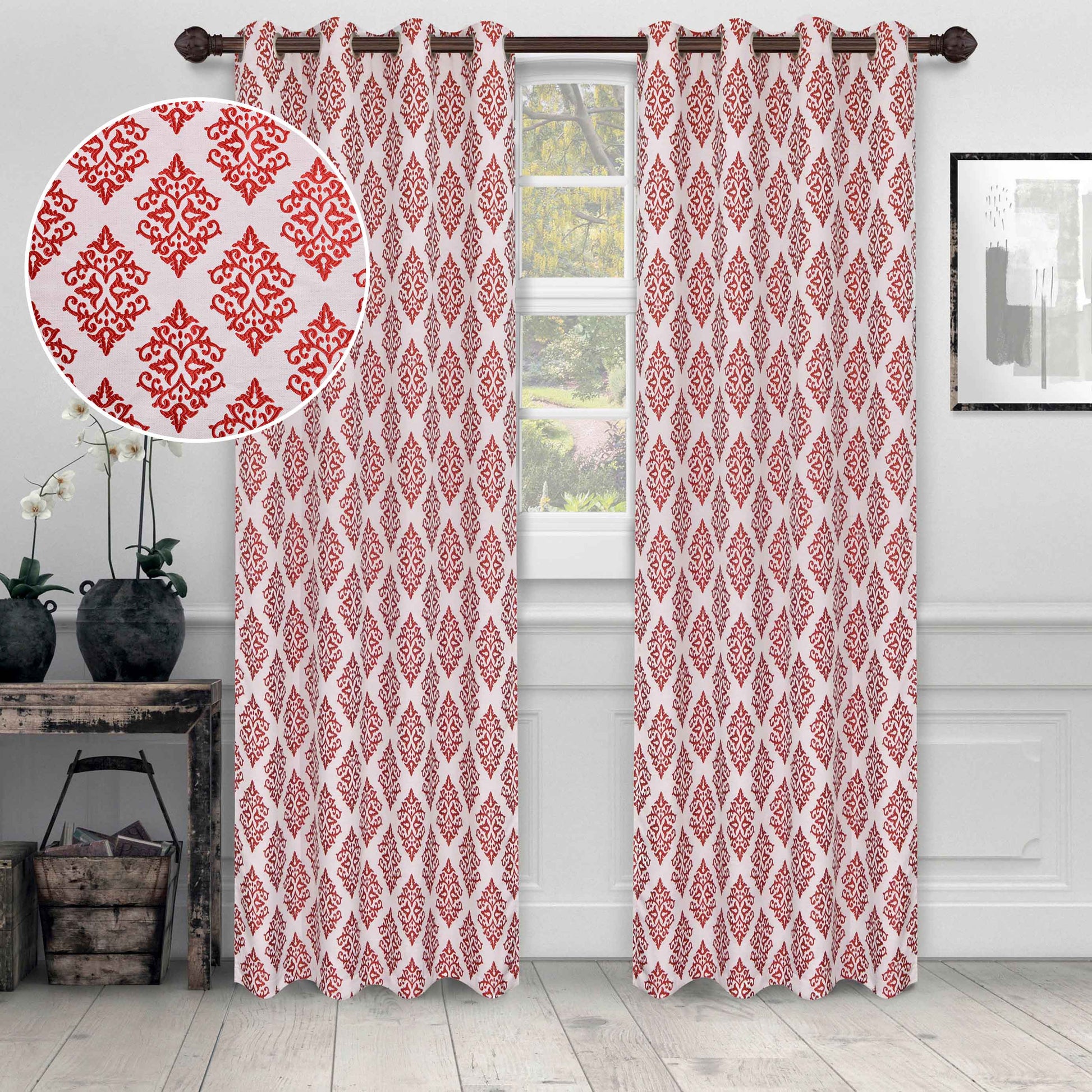Venetian Damask Jacquard Curtain Panels, Set of 2 - Ruby
