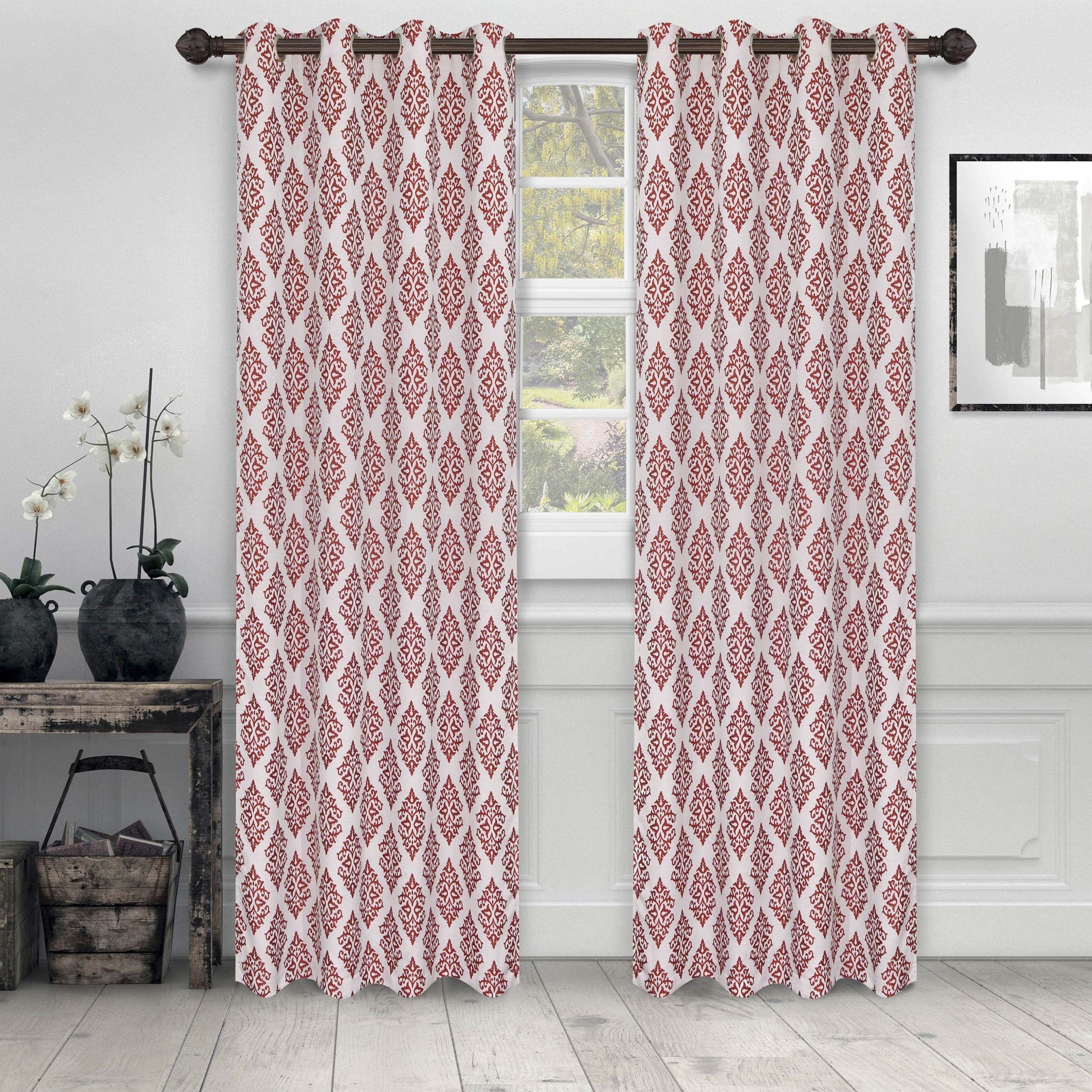 Venetian Damask Jacquard Curtain Panels, Set of 2 - Ruby