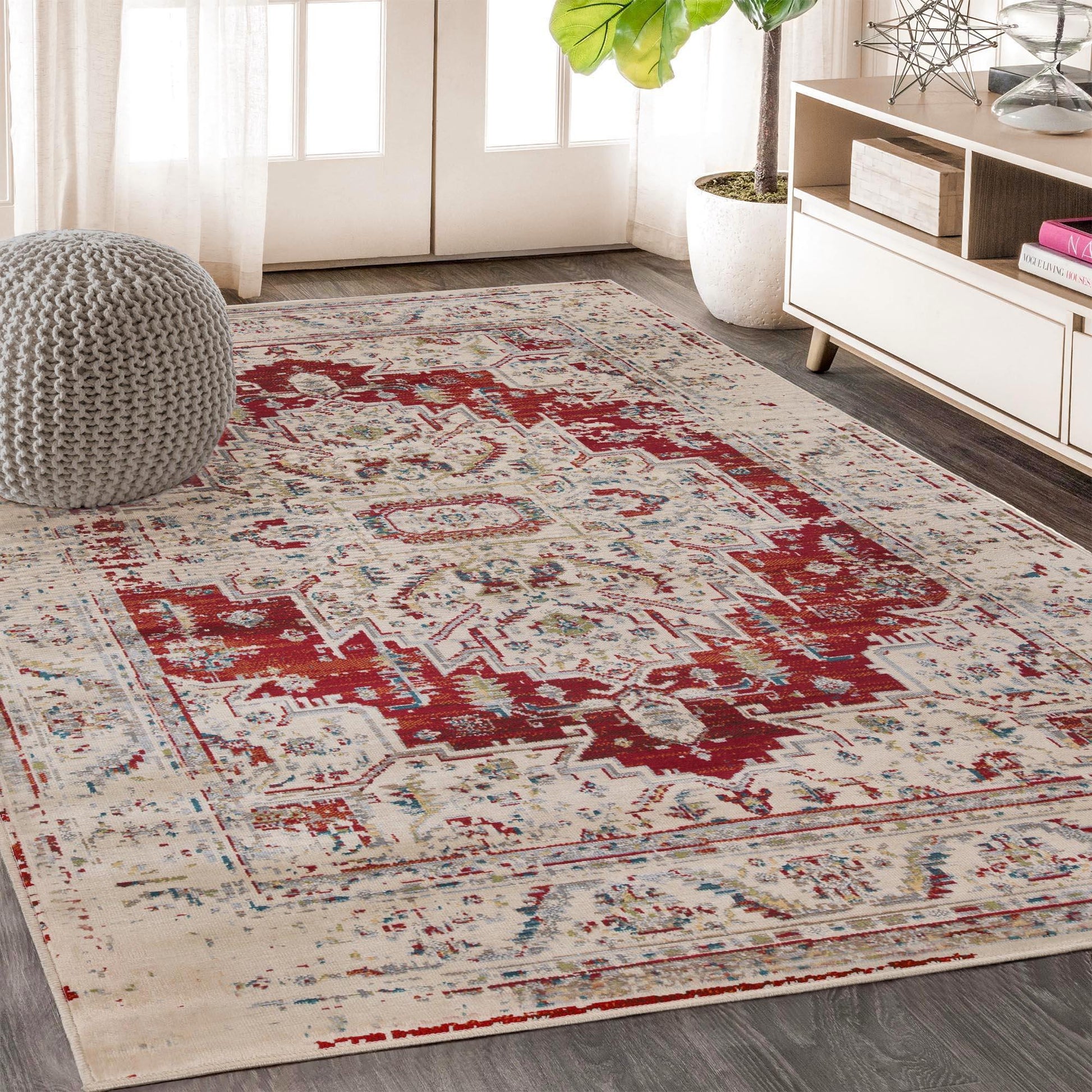 Superior Marquis Modern Farmhouse Medallion Indoor Area Rug or Runner Rug - Red